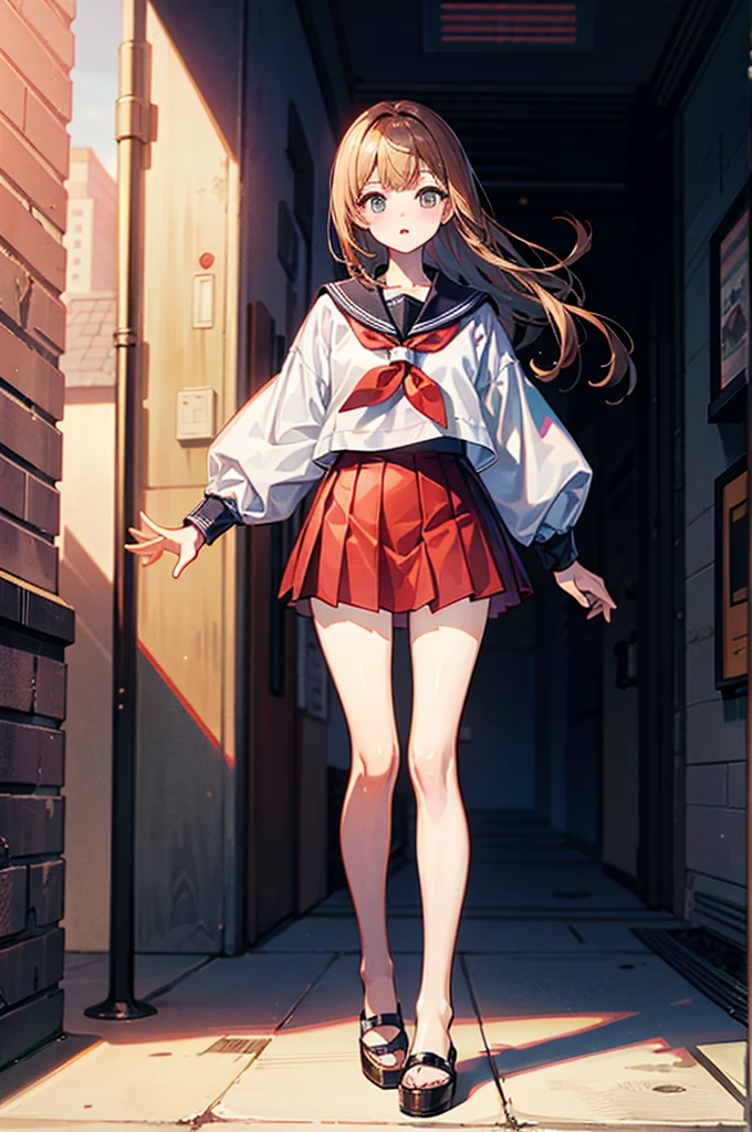 (((masterpiece、Highest image quality、highest quality、highly detailed unity 8kwallpaper)))、((Illustration of one girl))、(((Super tall、3fold、long legs)))、high school girl、sailor suit、street corner