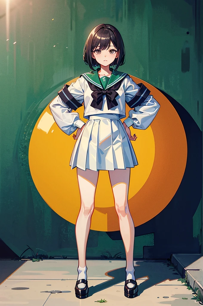 （（（masterpiece、Highest image quality、highest quality、highly detailed unity 8ｋwallpaper）））、（（Illustration of one girl））、（（（Super tall、３fold、long legs）））、high school girl、sailor suit、street corner