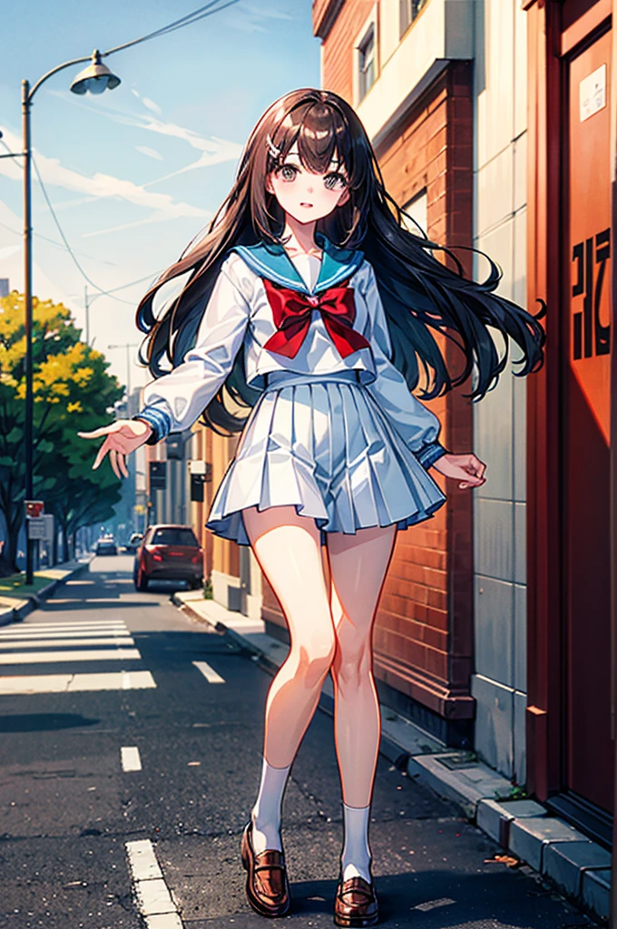 (((masterpiece、Highest image quality、highest quality、highly detailed unity 8kwallpaper)))、((Illustration of one girl))、(((Super tall、3fold、long legs)))、high school girl、sailor suit、street corner