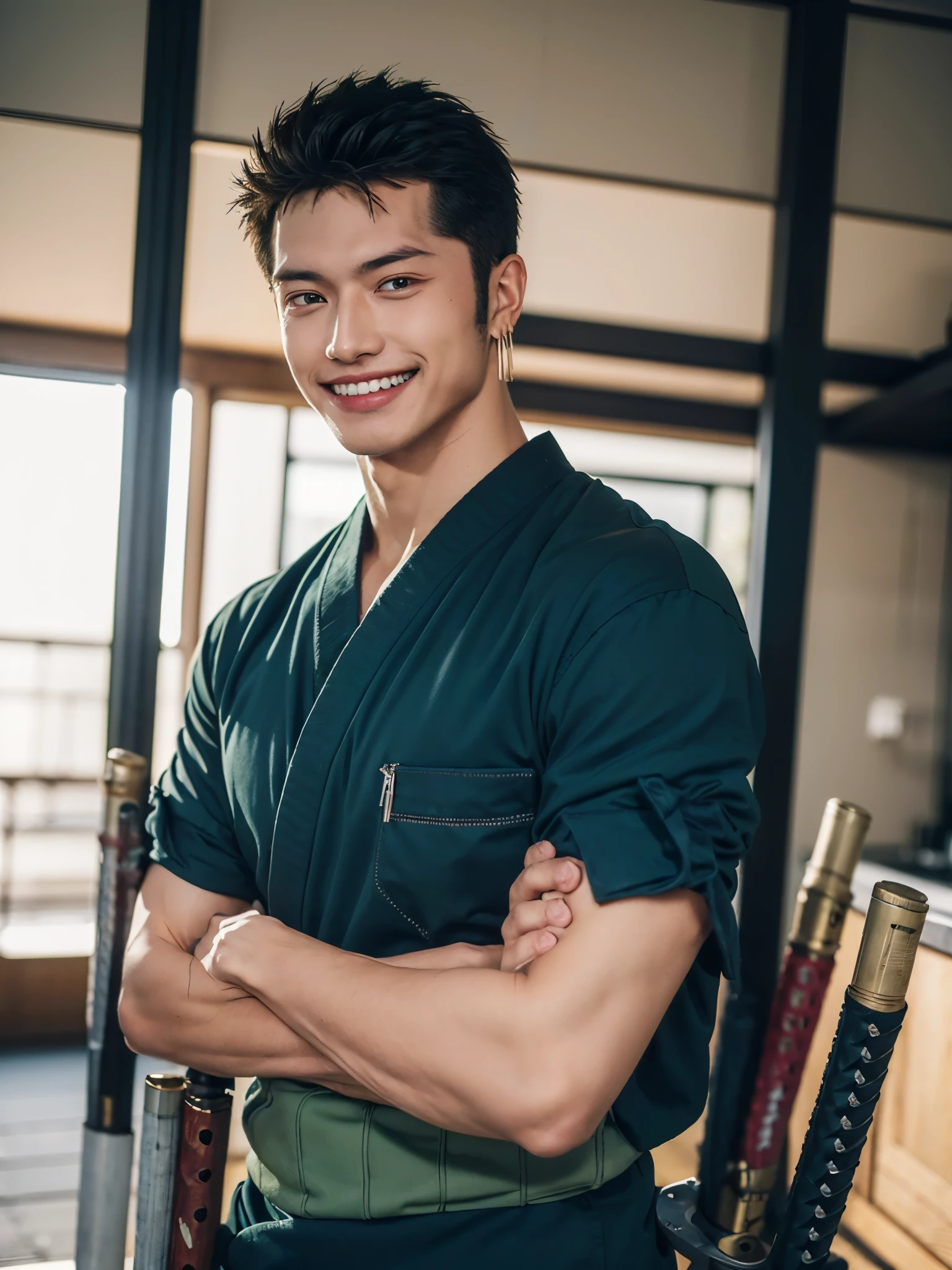 (masterpiece, best quality:1.2), cowboy shot, solo, male focus, 1boy, roronoa zoro, scar, muscular male, grin, looking at viewer, (dual wielding:1.2) katanas, crossed arms, japanese clothes, green kimono