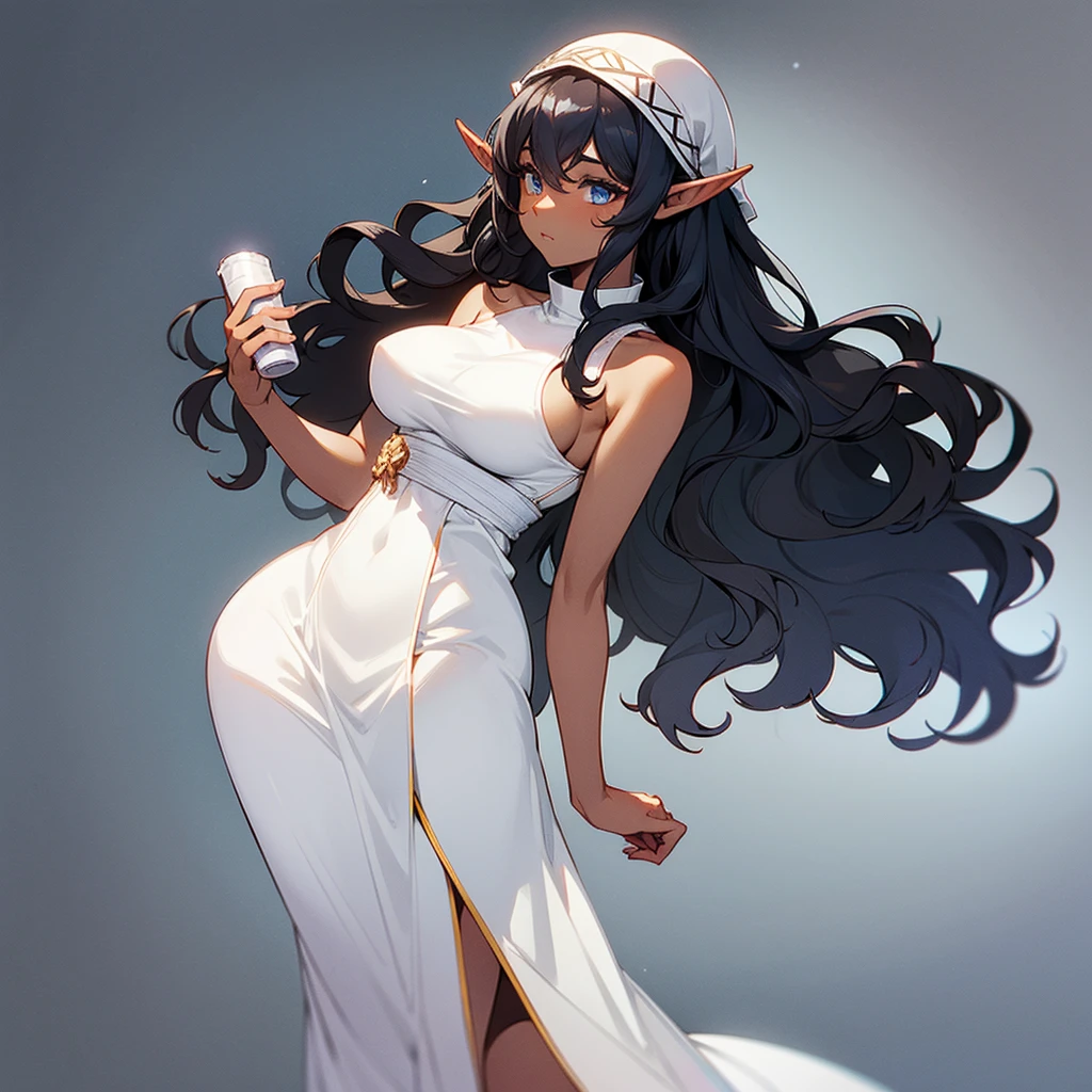 (((Dark Skin Elf Woman))),(((Gray blue eyes))),(((Black wavy hair))),(Curvy body),(((Alone))),(((Wearing a white Roman dress)))