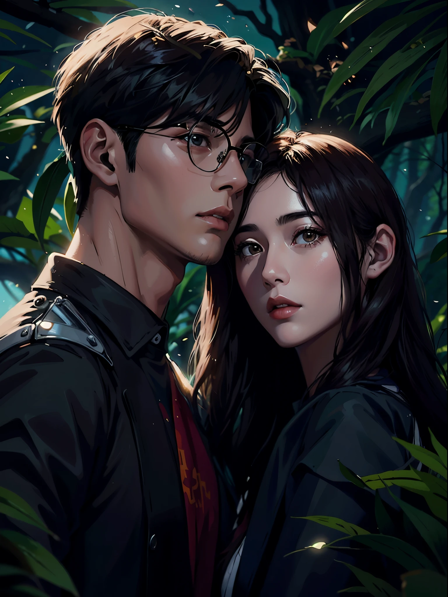 hay un hombre y una mujer uno al lado del otro en un bosque, retrato, jinyoung shin, con gafas, artista coreano, retrato de alta calidad, pelo negro largo ondulado y gafas, inspired por jeonseok lee, obra de arte al estilo de guweiz, por jeonseok lee, soft retrato 8 k, jingna zhang, con lentes negros