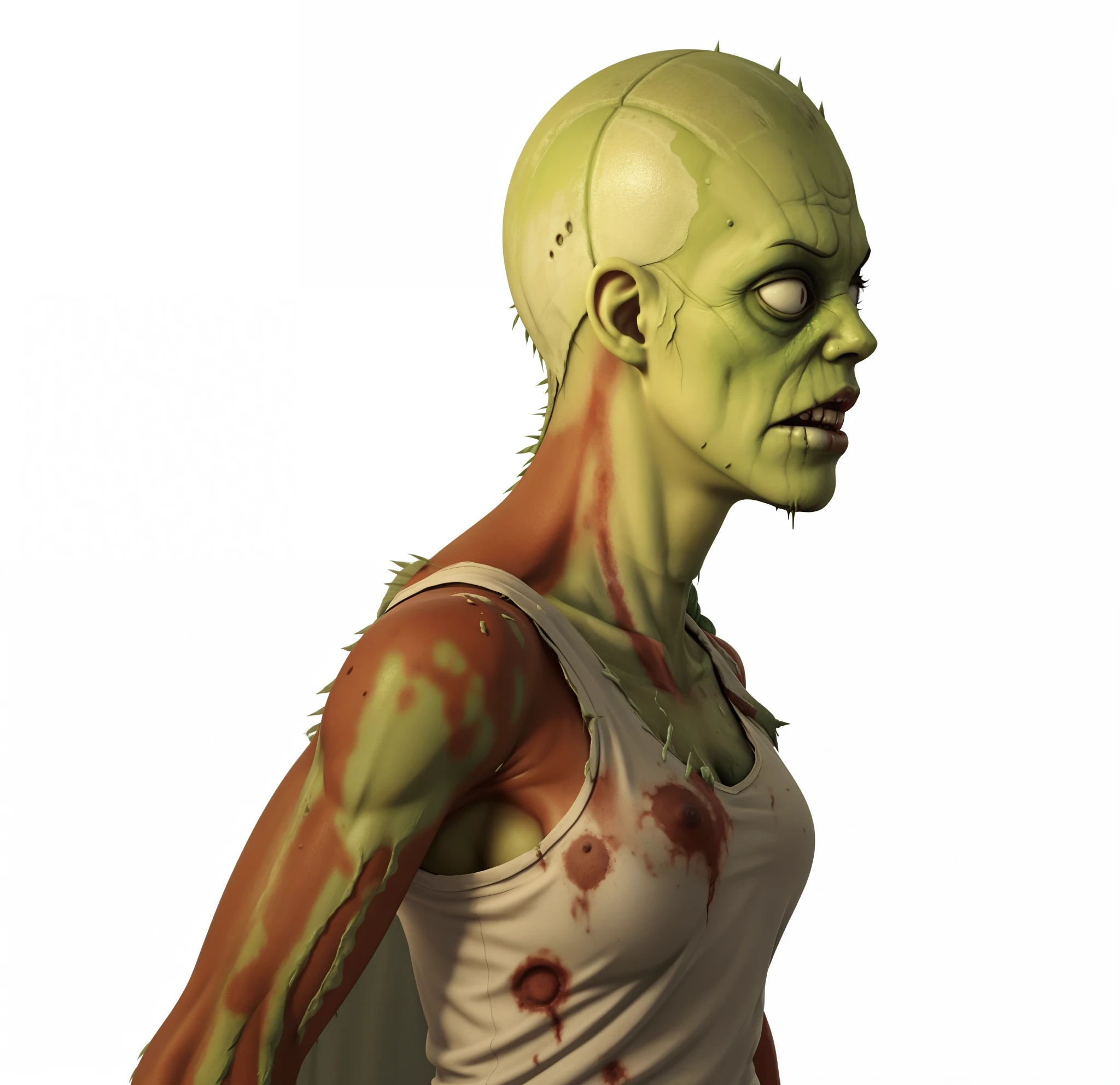 arafed woman with a white tank top and a green head, zombie in horror concept art, 7 days to die zombie, undead. highly detailed, bodyhorror, resident evil virus concept art, zombie arms out in front, upper body visible, creepy mutant flesh creature, the last of us zombie, photo of scp-173, female humanoid creature