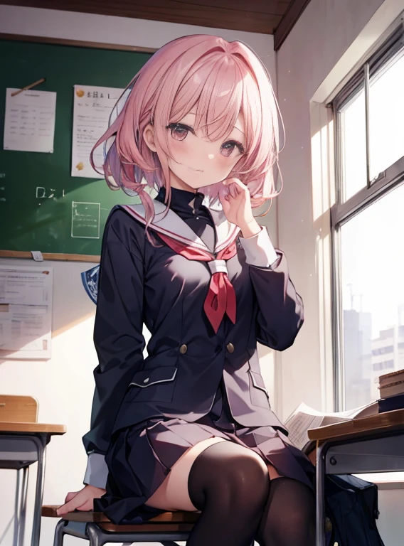 ((masterpiece)), ((highest quality)), ((High resolution 4K |)), ((female character)),girl in uniform,(pink haired),sitting in the classroom,I blushed and closed my eyes.,embarrassed expression,Tears glistened in the corner of his eyes、facing the audience,feelings of shyness,Red puffy eyes Akstory, ((at school)), Environment details, surrounding objects, ((lit)),(),(Nakenese people violated)),