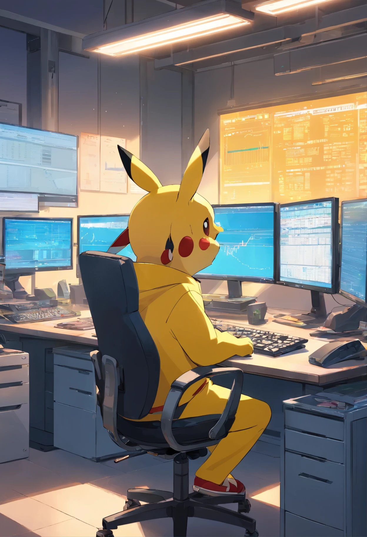 There is a man sitting at a desk with two computer monitors, in front of the computerに座っている, in front of the computerに座っている, look at the monitor, Display stock chart, sitting at computer desk, in front of the computer, trading, trading stocks,wearing pikachu clothes