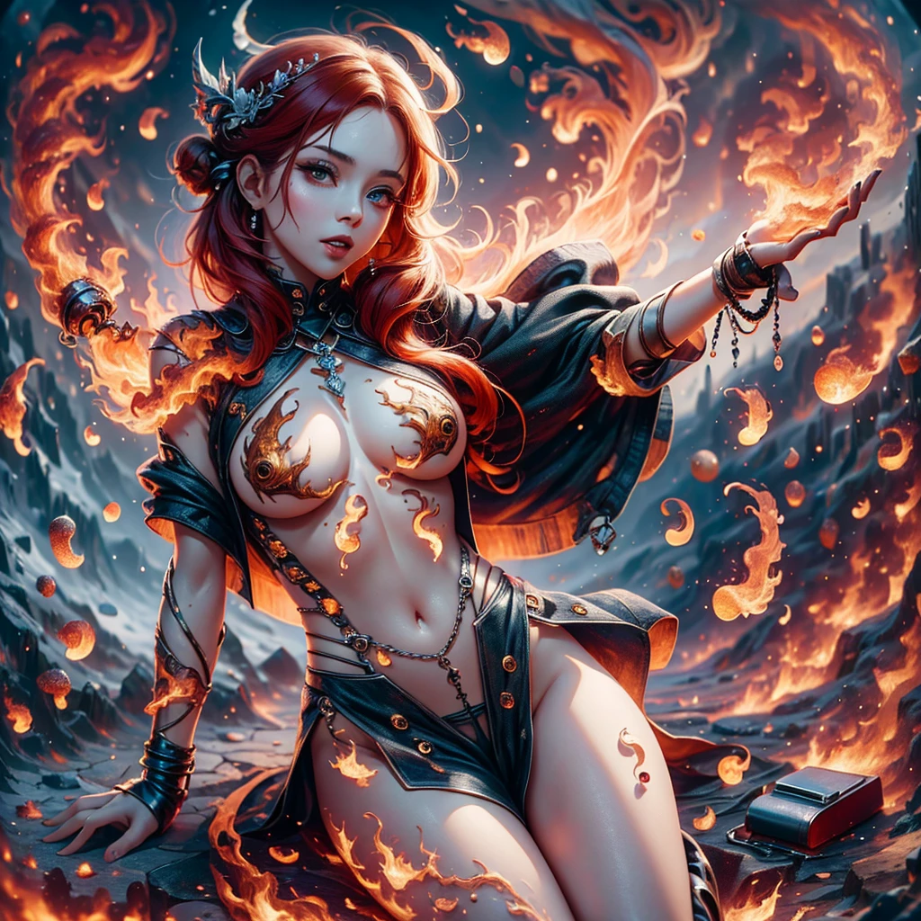 photo of pretty Nsfw(1woman, solo),(fire dress, burning, she has fire, controlling fire:1.2)(open clothes,torn clothes,)(see-through,translucent,transparent,)(show off nipple,bare breasts) full body, slim abs ,shiny skin ,ultra-detailed face, detailed eyes, lustrous lips ,subtle smile, red tones, realistic style with fantasy elements , {{{small breasts}}}bright red hair, red eyes,burning eyes,realistic eyes,charming realistic characters, (Surrealism, complex background:1.1) (official art, unity 8k wallpaper, ultra detailed, beautiful and aesthetic, masterpiece ,best quality:1.3)firestyle