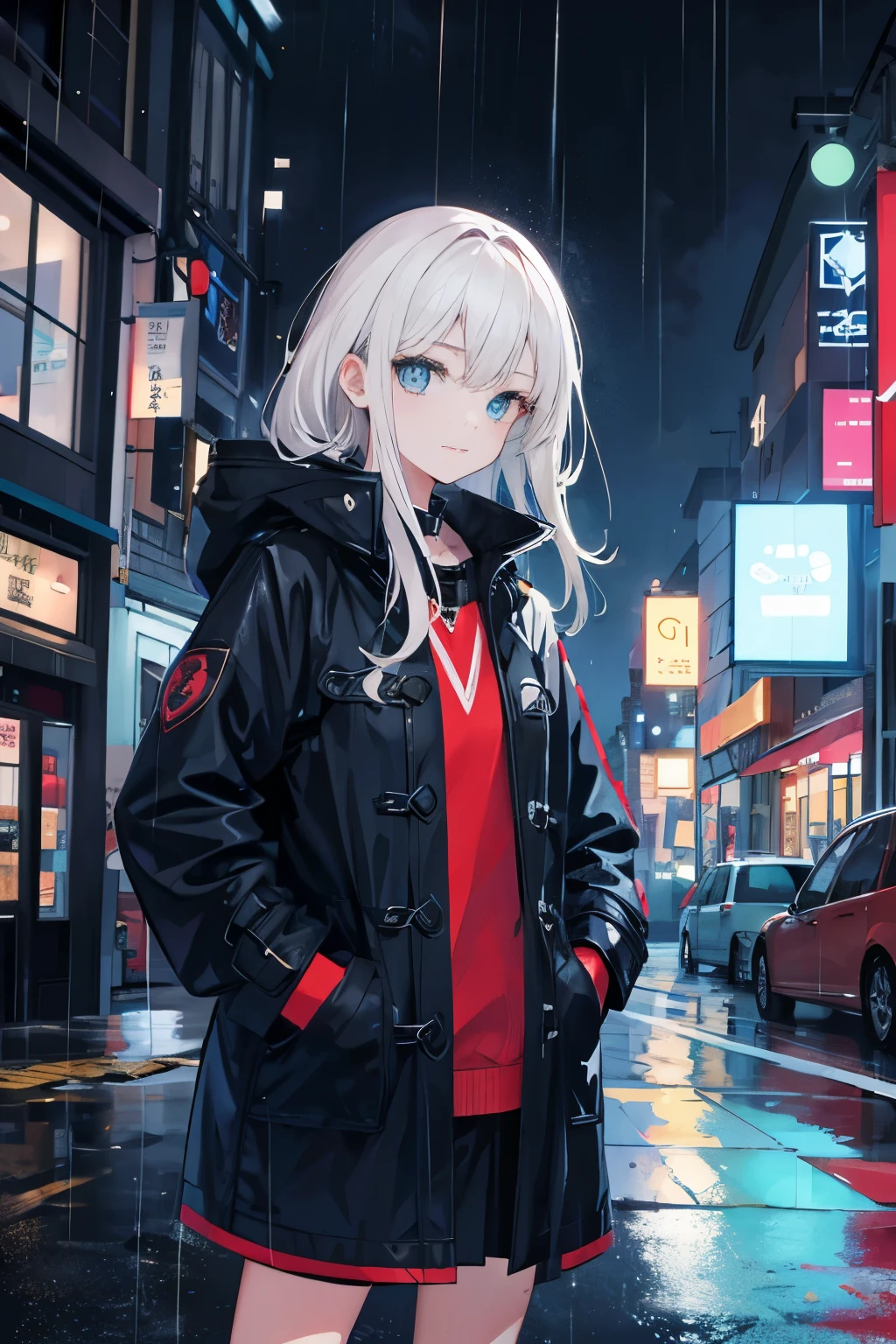 1 girl, night city, rain, coat, hands in a pocket