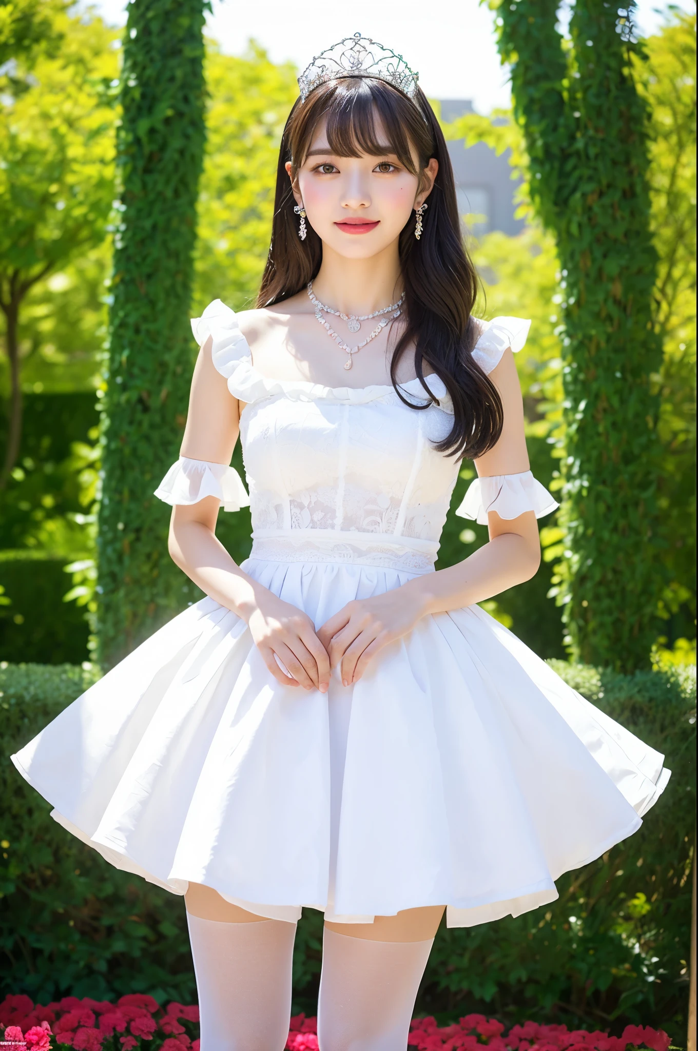girl standing in palace flower garden,white dress with frills,tiara,necklace,earrings,no rouge,sheer tights,18-year-old,bangs,a little smile,legs,straight hair,from below,front-lighting