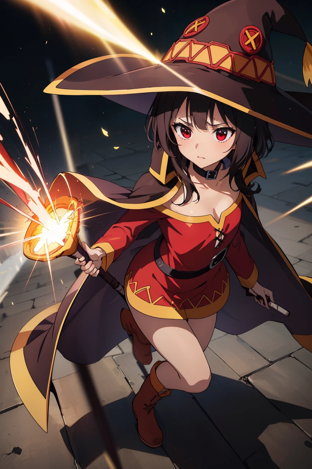 master piece, best quality, ultra high resolution, 最high quality, anime style, Best Lighting, Beautiful face, masterpiece, 最high quality, high quality , MeguKJ , megu dress , Megu has , Cape Megu , good shape , staff , holding staff , boots , short hair with long hair,bangs,chest ,  (ray of light coming out of the staff:1.4) , (flying though the air:1.4) , (aura:1.2) , collar, hat, (background explosion:1.3)