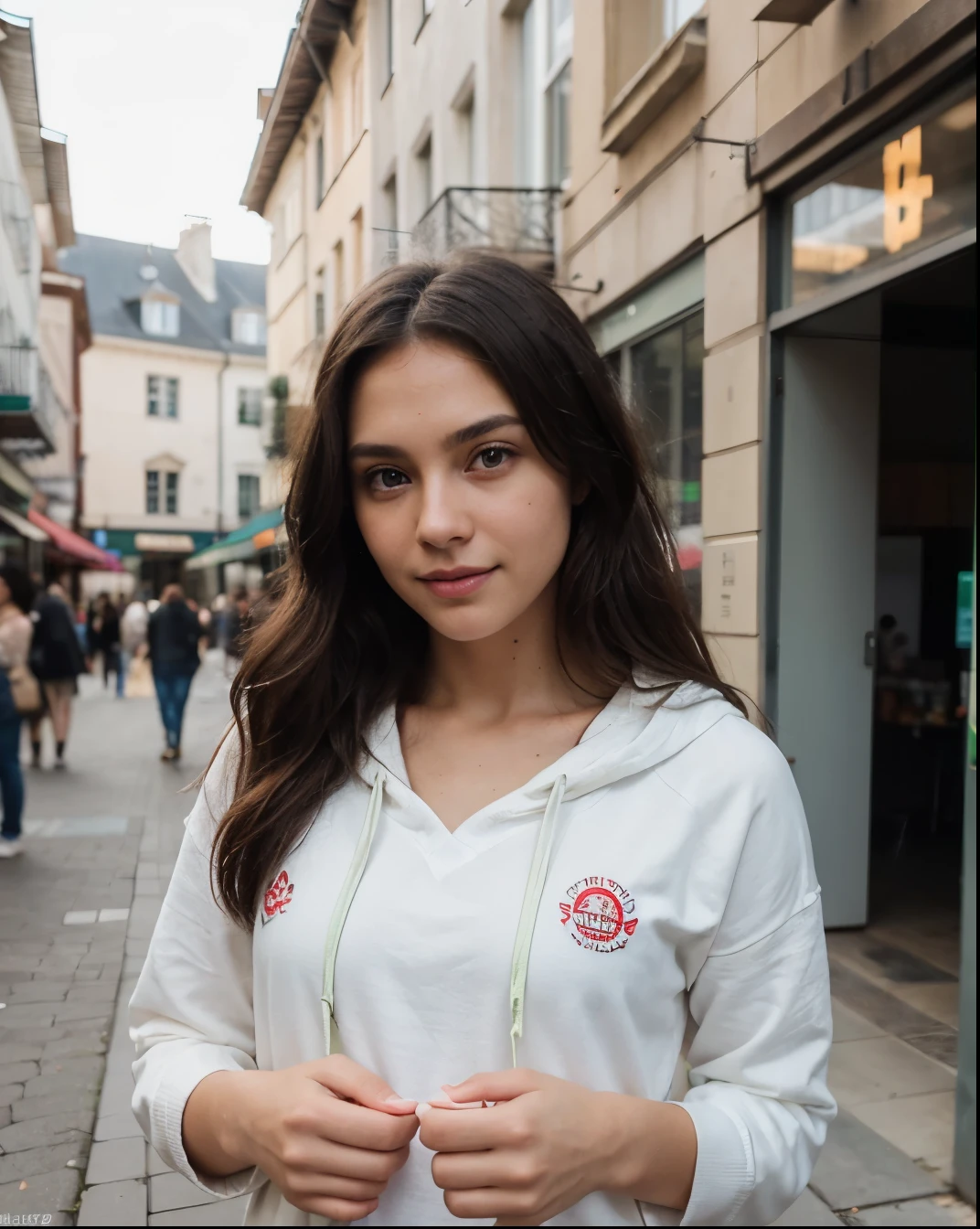 Cute beautiful sexy European light-green-eyed brunette, 22 years old, 

girl is wearing white hoodie, regular fit, regular length, skinny fit jeans, heels, (Skindentation),girl is in focus, background is out of focus, depth of field, seductive sardonic smile, shopping street,

tiny waist, very detailed, innocent face, face-length 1.3 times the face-width, almond-shaped eyes, squared face-shape, high cheekbones, naturally wavy hair, light-green eyes, high-res, masterpiece, best quality, intricate details, very detailed, sharp focus, detailed skin, realistic skin texture, texture, detailed eyes, professional, 4k, charming smile, shot with Canon, depth of field, Kodak Vision color, perfectly fitting body, extremely detailed, photo_\( ultra\), photorealistic, realistic, post processing, maximum details, roughness, real life, ultrarealistic, photorealism, photography, 8k UHD, photography
