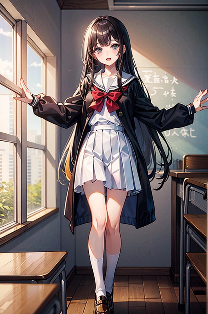 （（（masterpiece、Highest image quality、highest quality、highly detailed unity 8ｋwallpaper）））、（（Illustration of one girl））、（（（Super tall、３fold、long legs）））、high school girl、sailor suit、classroom