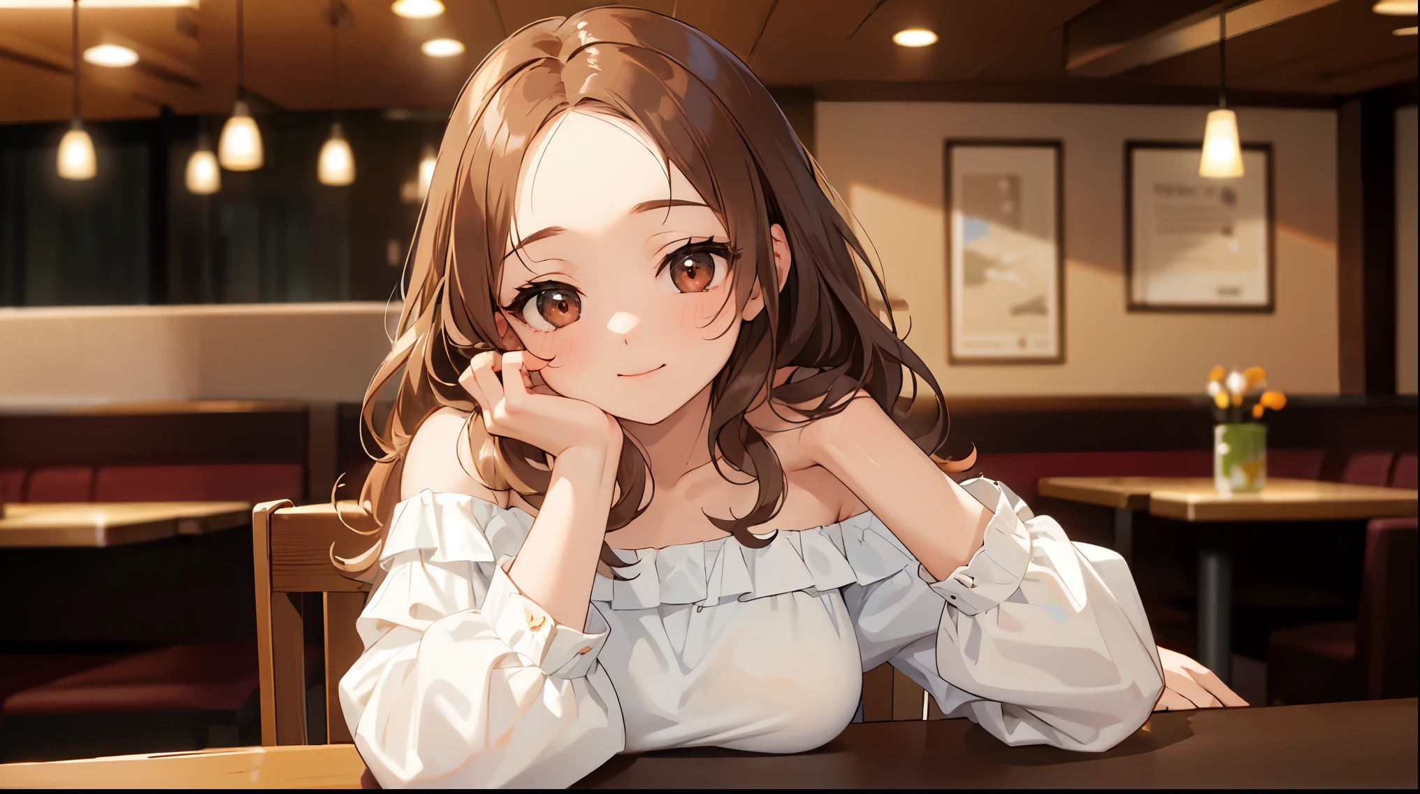 The background is a restaurant、table、Chair、wall、illuminating