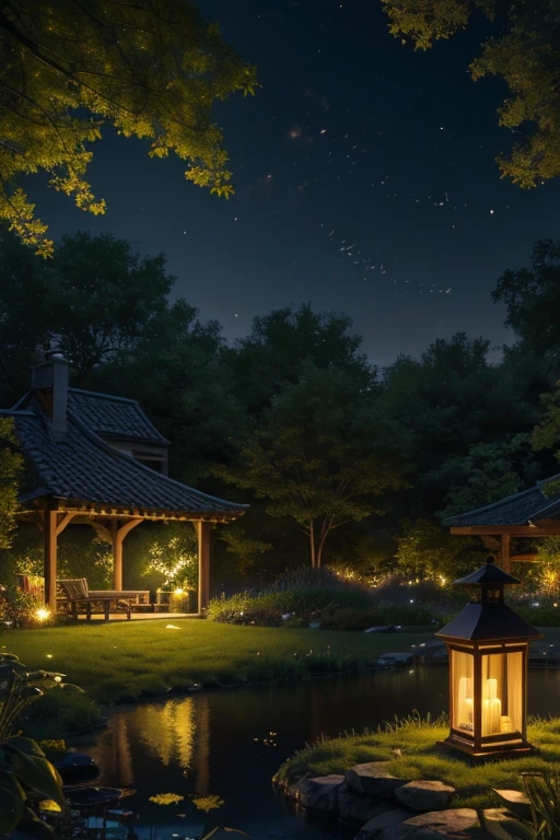 (8k, top quality, masterpiece: 1.2), (realistic, photorealistic: 1.37), super detail, wide angle of view, firefly garden, lots of small faint light and fireflies flying around, night