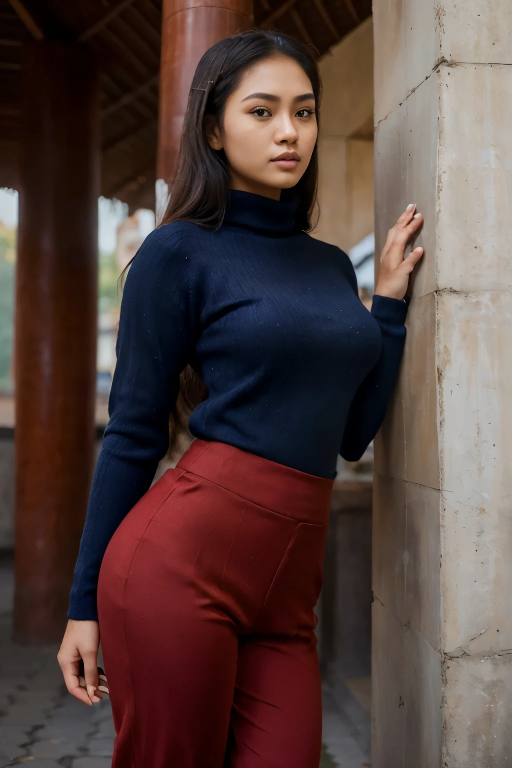 ((a potrait of pretty palembang+javanese woman 21 years old with a 171 height and 77 kg fat body, thin jawline, brown-skinned woman, camera canon, half potrait view, seductive dynamic pose, red long sweater, blue longpants))