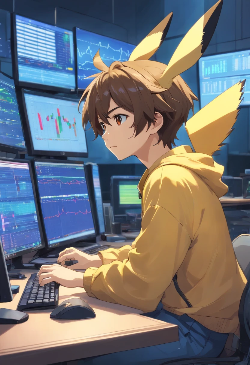 There is a man sitting at a desk with two computer monitors, in front of the computerに座っている, in front of the computerに座っている, look at the monitor, Display stock chart, sitting at computer desk, in front of the computer, trading, trading stocks,wearing pikachu clothes