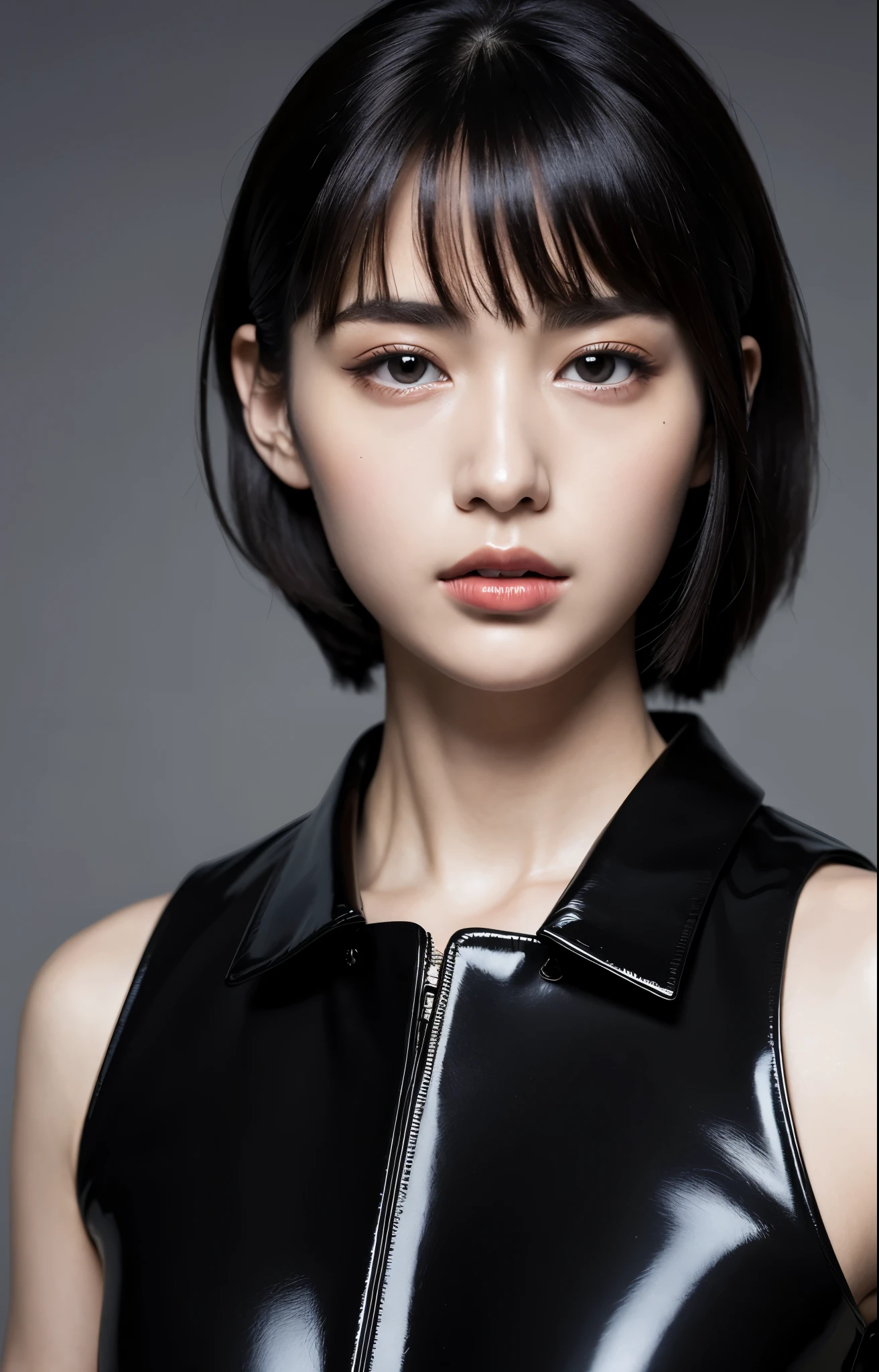 Highest image quality, outstanding details, ultra-high resolution, (realism: 1.4), ((close up:0.75)), highly condensed 1lady, with beautiful and a delicate face, (wearing black latex police uniform, sleeveless), background grey wall,