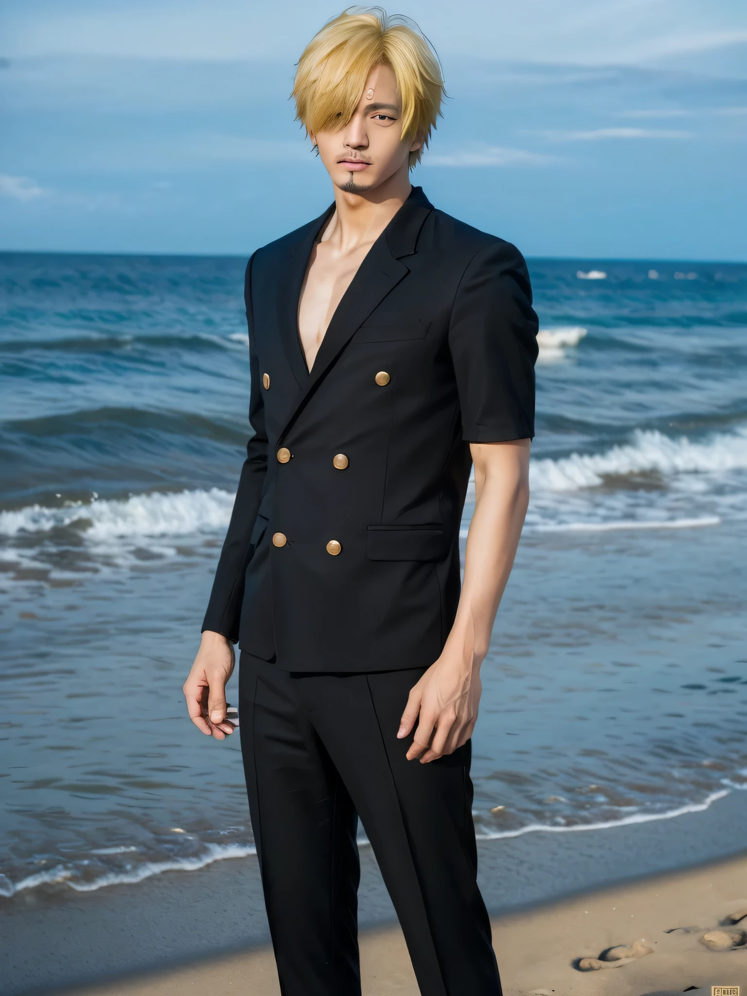 1man, sanji in anime one piece, short hair , yellow hair, black eyes, handsome, black suit, smoking a cigarette,realistic clothes, detail clothes, background Cooking on the beach, ultra detail, realistic