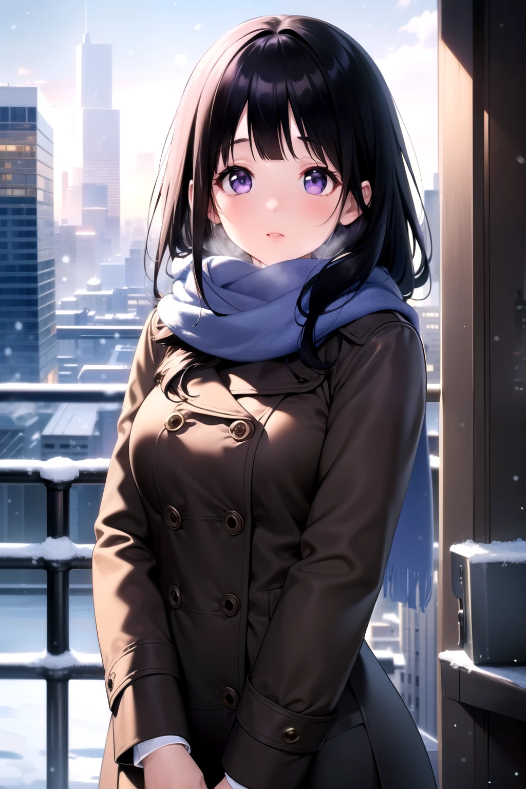 (A superb exquisite Chitanda Eru), (mature face), purple eyes, long black hair, natural straight hair, straight bangs, solo, [Small_breasts: large_breasts: 0.5], normal breasts, ((tall buildings, city, winter, scarf)), (purple coat, skirt), extremely delicate, peerless beautiful girl, dreamy quality, exaggerated facial features, solid color, delicate face, bright lips, slender waist, soft-straight curves, soft lights and shadows, super fine, 8K ULTRA HD, (masterpiece:1.4), (finely detailed beautiful eyes: 1.2)