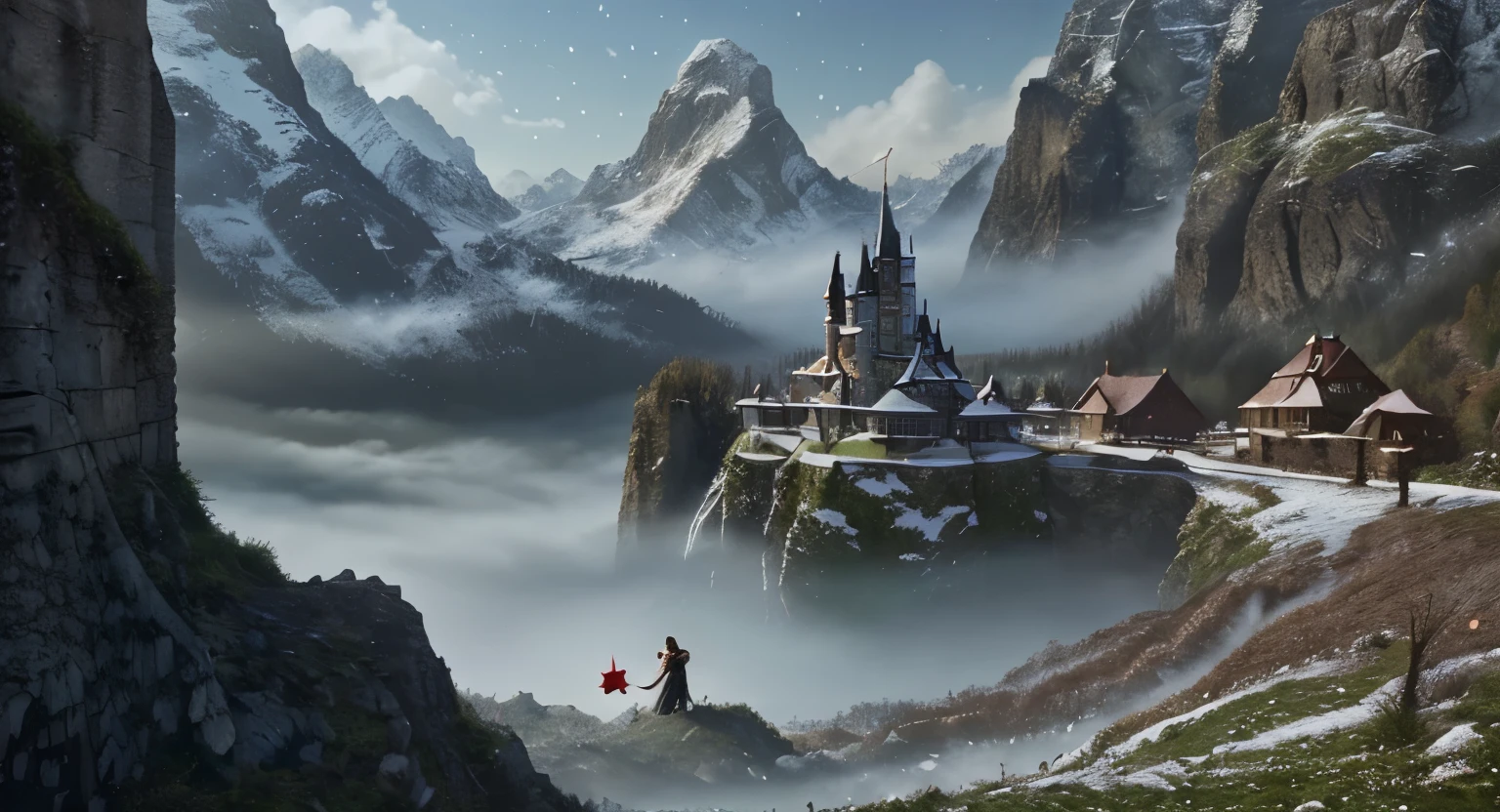 Several gift packs raining over a beautiful fairytale scenery