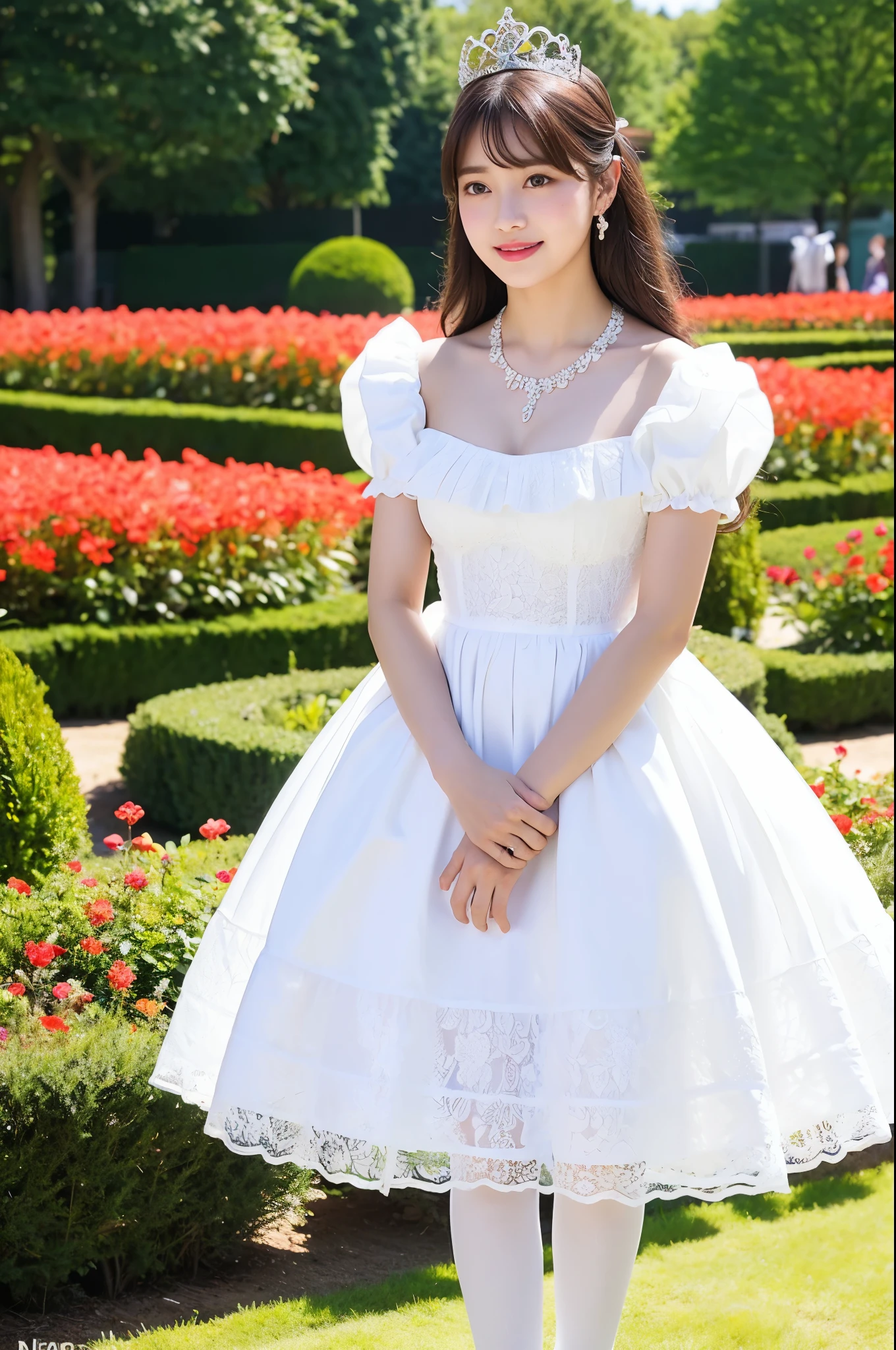 girl standing in palace flower garden,white princess long-dress with ruffles,tiara,necklace,earrings,no rouge,sheer tights,18-year-old,bangs,a little smile,legs,straight hair,from below,front-lighting