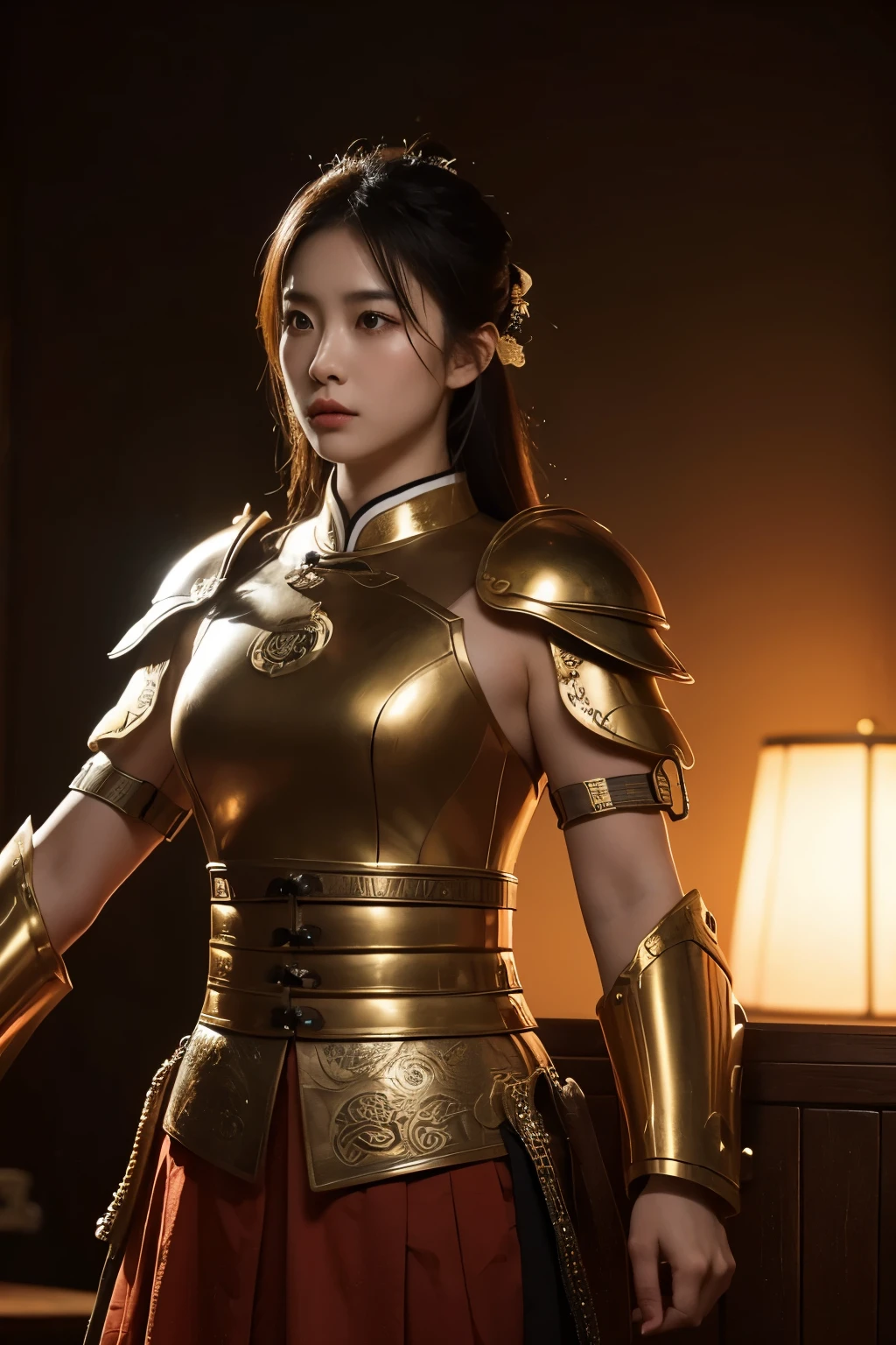 Chinese ancient style，Military general，youth，golden colored，Silvertone，armor，Add plot to make the picture more creative，More vivid，Cinematic graphics，woman