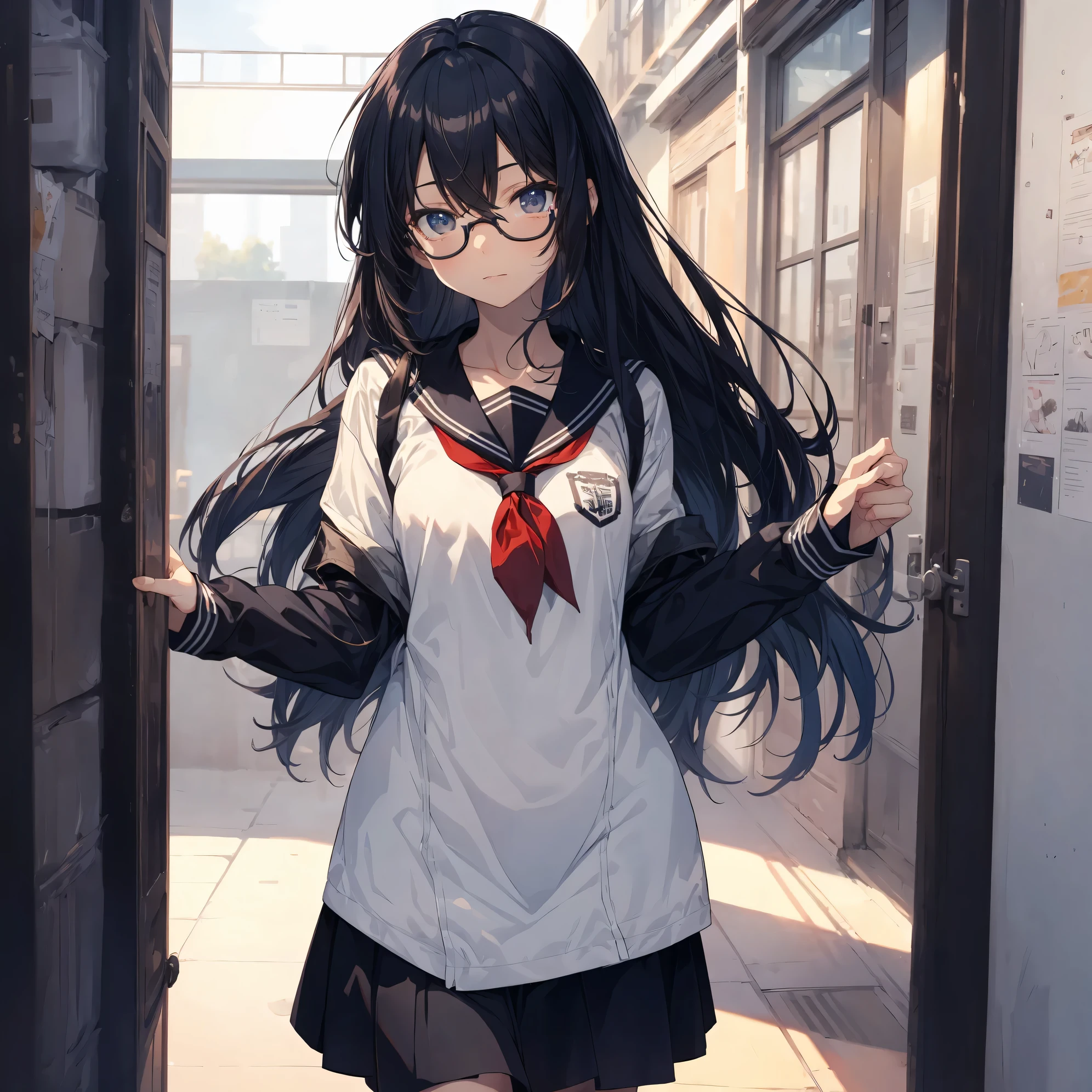 Super high quality by the art god, Super detailed, High resolution, gwai&#39;s style, anime moe art style, best anime 8k konachan wallpaper, pixiv contest winner, perfect anatomy, break,(校舎をalone歩いている女の子の絵を描いてください.),break, surreal high school girl, (alone,change,child,16 years old:1.3),complete limbs, full finger,high school student, ((wearing glasses)), ponytail, small soft breasts, Because I&#39;m slender, small ass, between legs, small eyes,Detailed and beautiful black eyes, Well-proportioned iris and pupils, High resolutionの詳細な髪, ((sailor uniform)),Inside the school,break,super dense skin,Best lighting by famous artists, 8k,illustration.