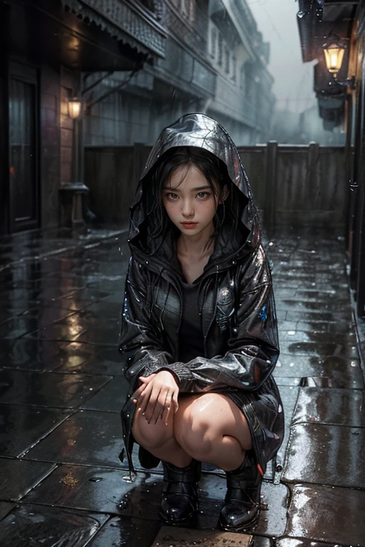 (masterpiece:1.2, best quality), (real picture, intricate details), (night, dark, downpour:1.4)
The alley was empty, the surroundings were silent, Only raindrops sprinkled on the low tile eaves far and near,  slight rustle. in the cold rain, (1 girl, wet hooded jacket,  sad, perfect eyes:1.2) squat on the ground,