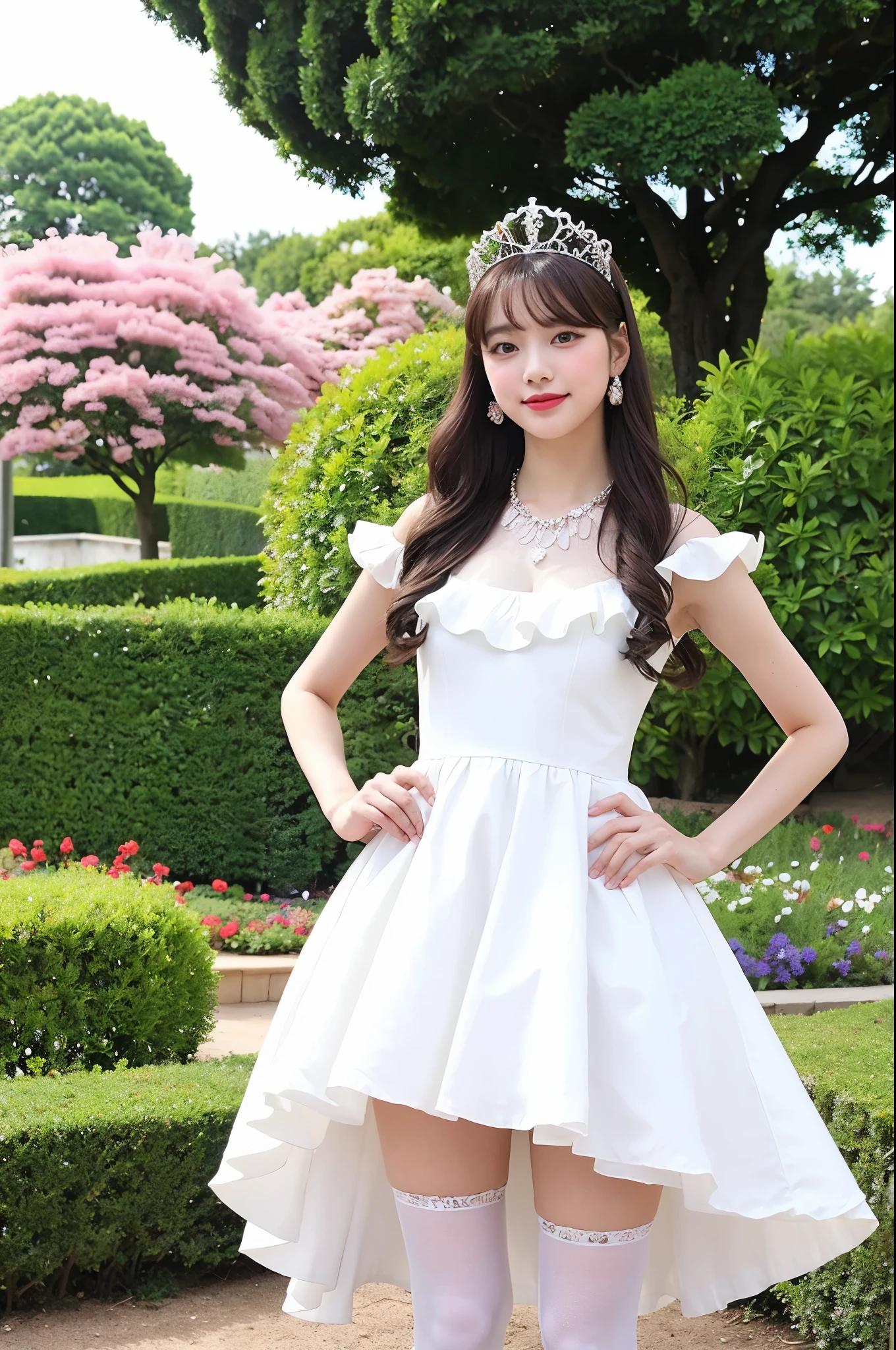 girl standing in palace flower garden,white princess dress with frills,tiara,necklace,earrings,no rouge,sheer tights,18-year-old,bangs,a little smile,legs,straight hair,from below,front-lighting