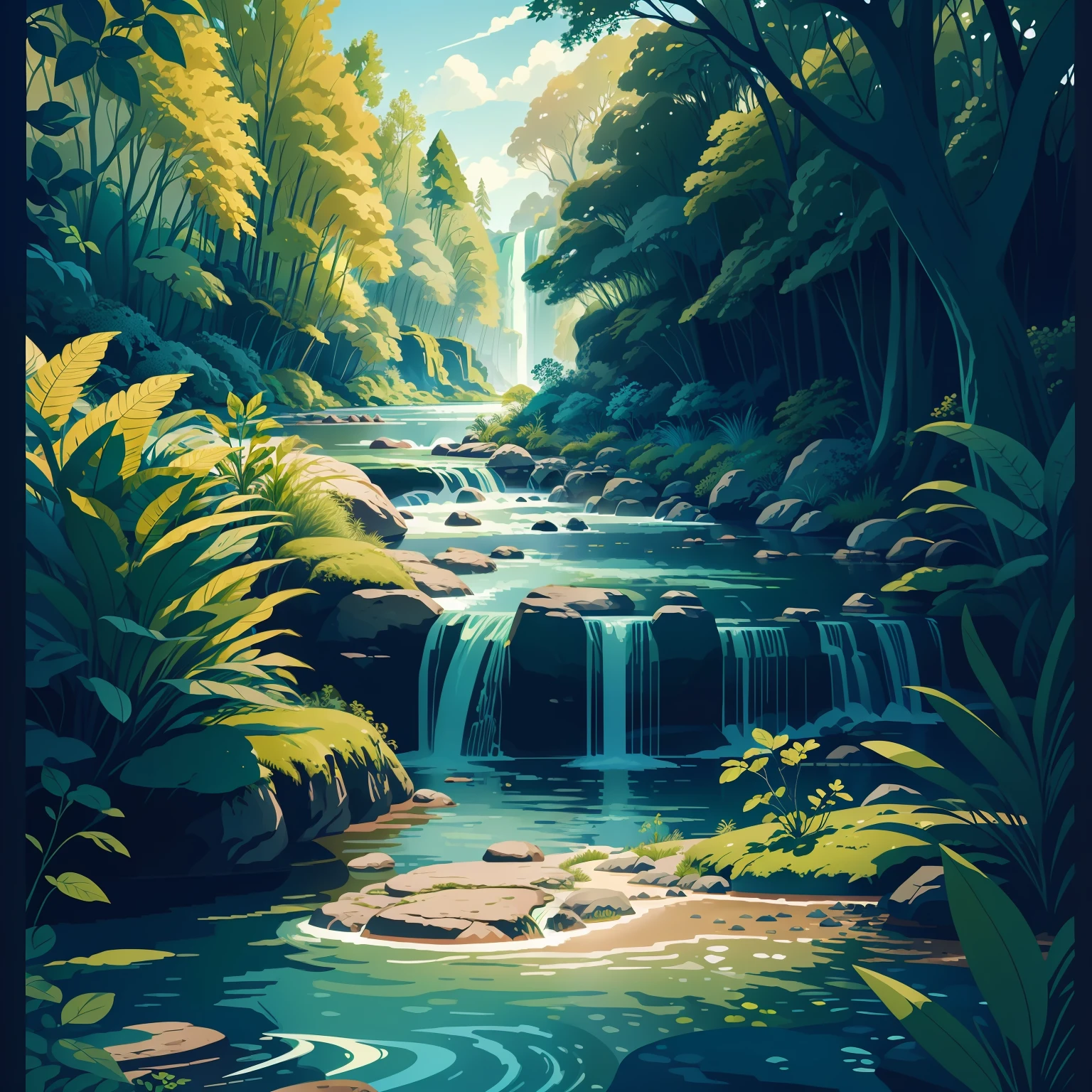 earth day poster, flat illustration bush, riverside landscape blue, green, yellow, background, bright colors, chiaroscuro, Ultra high definition, 4k, flat illustration vector art sharp focus (gigapixel) ((masterpiece))