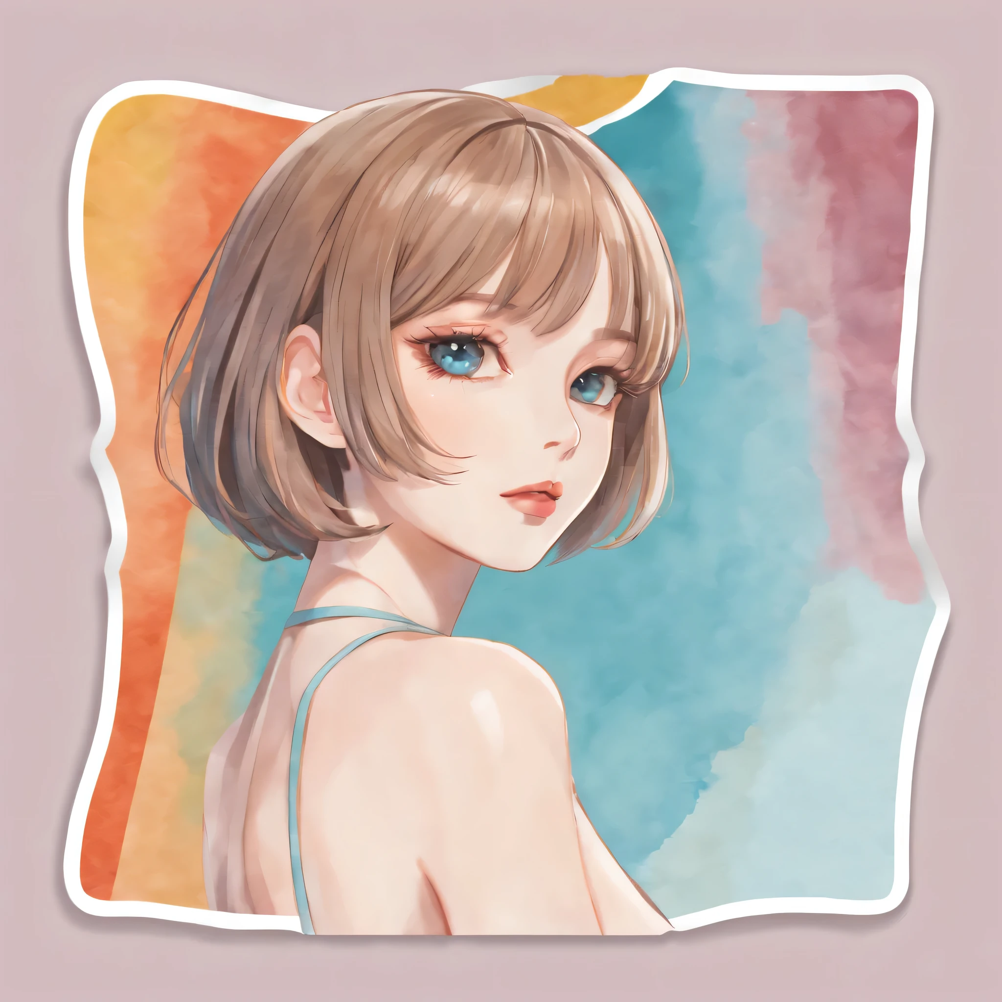 (a sticker,),(3d anime girl),bikini, grace,beautiful face,(on a round background), (roscoe frontier)(watercolor style), Super detailed, best quality, Detailed illustration, vectorized, 8K, 专业a sticker设计, graphic design, vector line, a sticker, Full HD