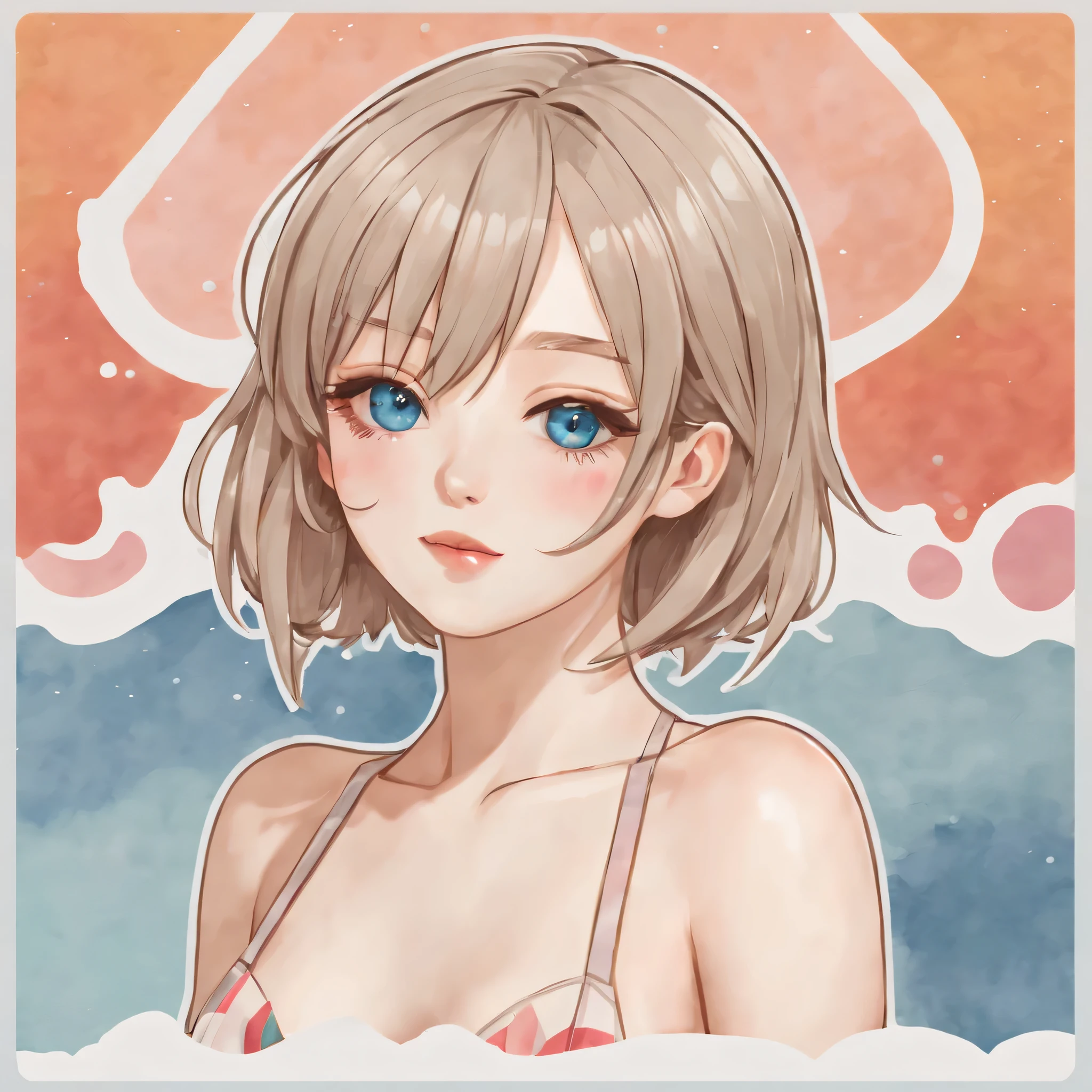(a sticker,),(3D anime girl),bikini, elegance,beautyful face,(In circlerown background), (pollock border)(oil painting style), ultra - detailed, best quality, Detailed diagram, vectorized, 8K, 专业a sticker设计, Graphic design, vector lines, a sticker, Full-HD