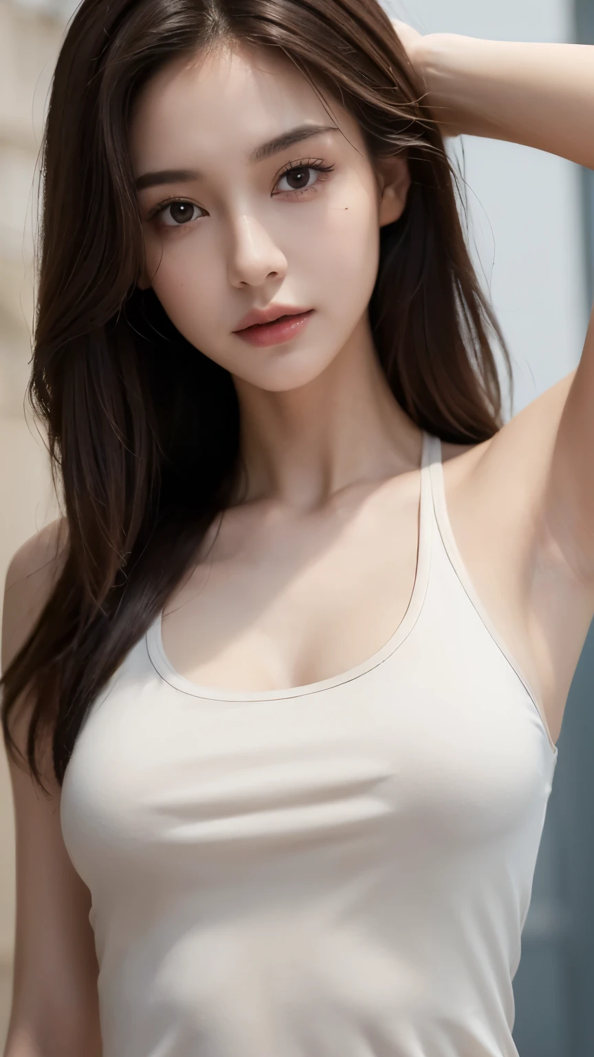 ((best quality, 8K, masterpiece :1.3)), whole body, sharp focus: 1.2, perfect body beautiful: 1.4, slim abs: 1.2, ((dark brown hair, : 1.2)), Tank Top Dress: 1.1, (street: 1.1), Highly detailed facial and skin textures, delicate eyes, double eyelids