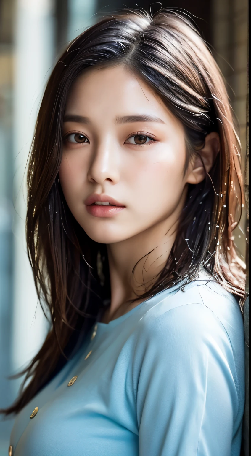 ((best quality, 8K, masterpiece:1.3)), sharp:1.2, Beautiful woman with perfect body:1.4, slim abs:1.2, ((layered hairstyle, huge tits:1.3,split:1.2)), (Long shirt with see-through wet white buttons:1.1),(rain,street:1.2),get wet:1.5,Highly detailed facial and skin textures,delicate eyes,double eyelids,side view camera,naked