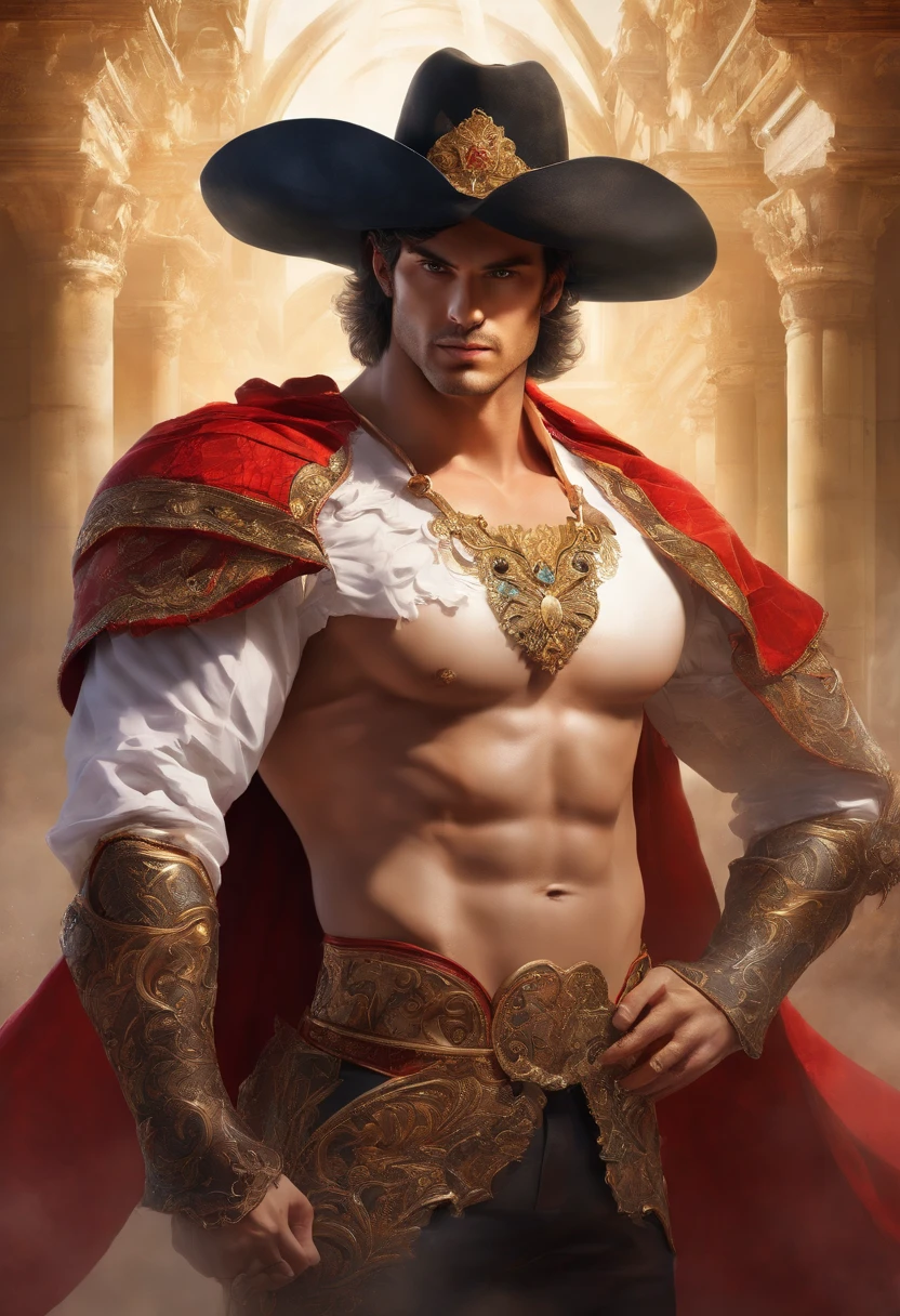 ((A Baroque painting of a beautiful bullfighter, with a masculine face and wild eyes, a hypnotic and sensual man, a true God, the most beautiful man in Spain)),((with typical bullfighter clothes with Spanish from the Victorian Era)), ((attractive man)), ((1 strong, macho bullfighter, looking at camera)),1 18 year old boy, , ((wild and challenging eyes)), ((lascivious full body)), ((beautiful, muscular legs )), ((beauty body,)), top quality、Official Art、great aesthetics:1.2)、best quality, ultra hd, 32k、(Fractal Art:1.3)、 Coloring、but high detailed ((masculine evil villain)), Masculine and strong, full body shot, looking at camera, ((fighting with a bull in an arena, in the bullring in Seville, Spain)) highly detailed