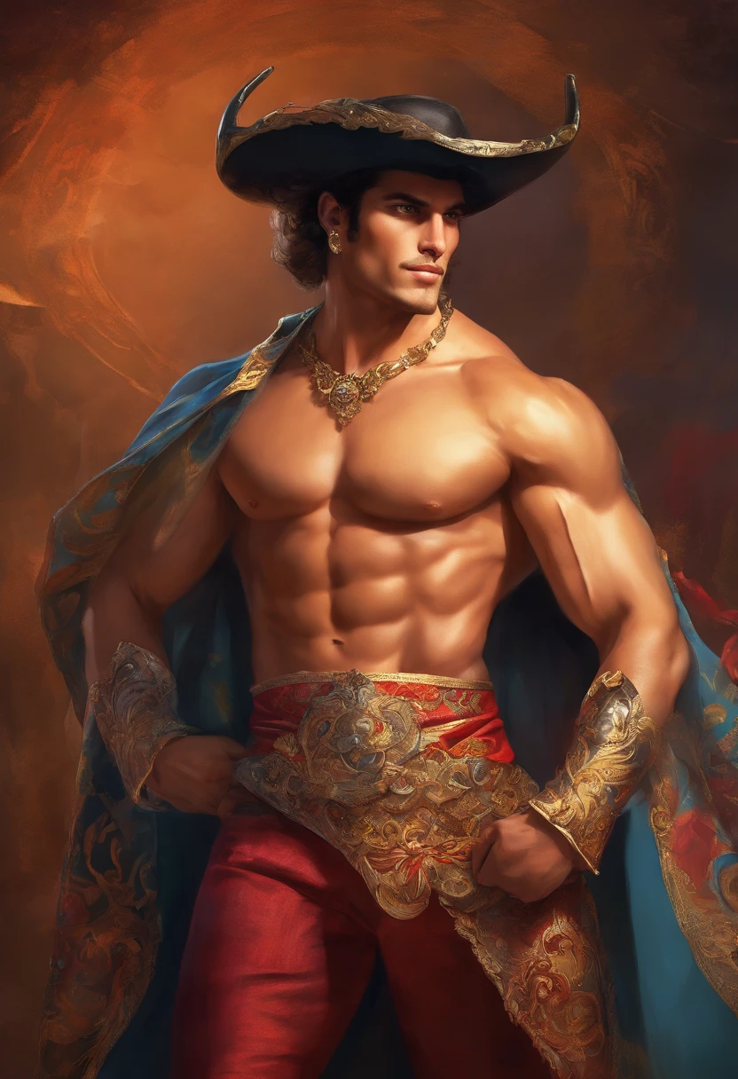 ((A Baroque painting of a beautiful bullfighter, with a masculine face and wild eyes, a hypnotic and sensual man, a true God, the most beautiful man in Spain)),((with typical bullfighter clothes with Spanish from the Victorian Era)), ((attractive man)), ((1 strong, macho bullfighter, looking at camera)),1 18 year old boy, , ((wild and challenging eyes)), ((lascivious full body)), ((beautiful, muscular legs )), ((beauty body,)), top quality、Official Art、great aesthetics:1.2)、best quality, ultra hd, 32k、(Fractal Art:1.3)、 Coloring、but high detailed ((masculine evil villain)), Masculine and strong, full body shot, looking at camera, ((fighting with a bull in an arena, in the bullring in Seville, Spain)) highly detailed