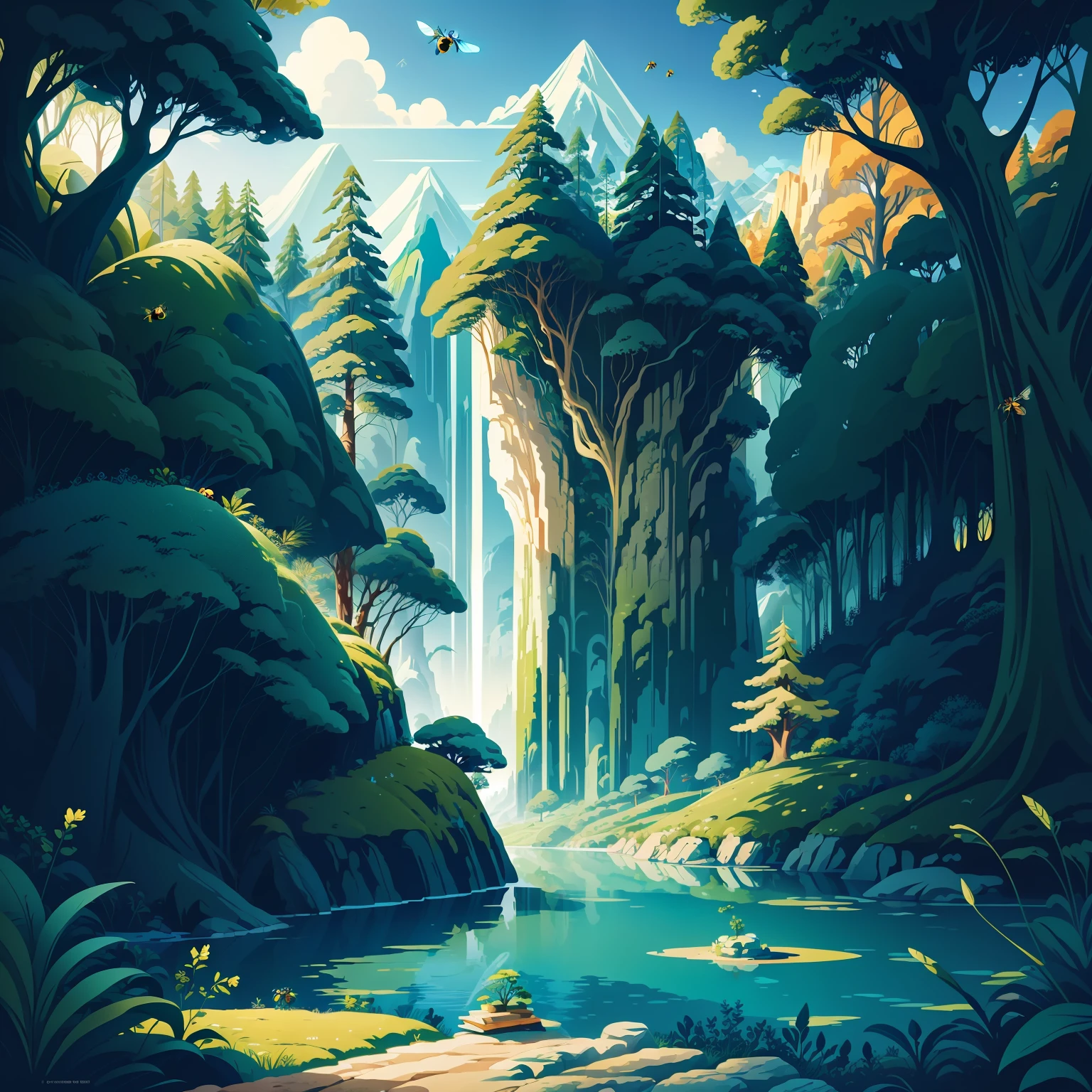 earth day poster, flat illustration beautiful natural landscape blue, green, yellow, background, bright colors, chiaroscuro, Ultra high definition, 4k, flat illustration vector art sharp focus (gigapixel) ((masterpiece)) big tree with bee comb