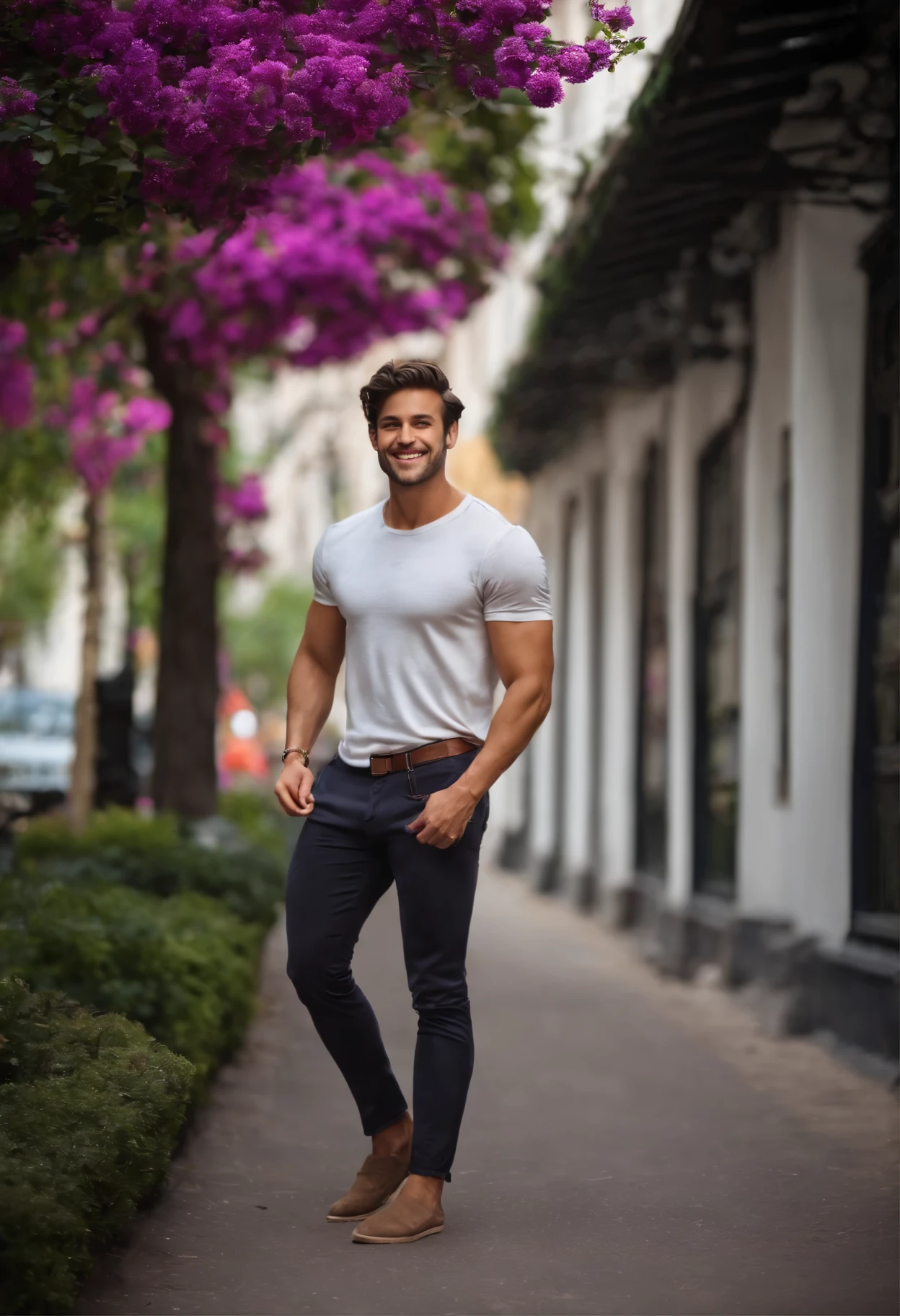 25 year old man with attractive appearance, smiling, dark brown hair, stylish and elegant, T-shirt hugging his body and strong, Man resembling actor Brad pit, (Real image and high quality), the background is a street with small light purple flower prizes on both sides, ((best quality, 8K, masterpiece).