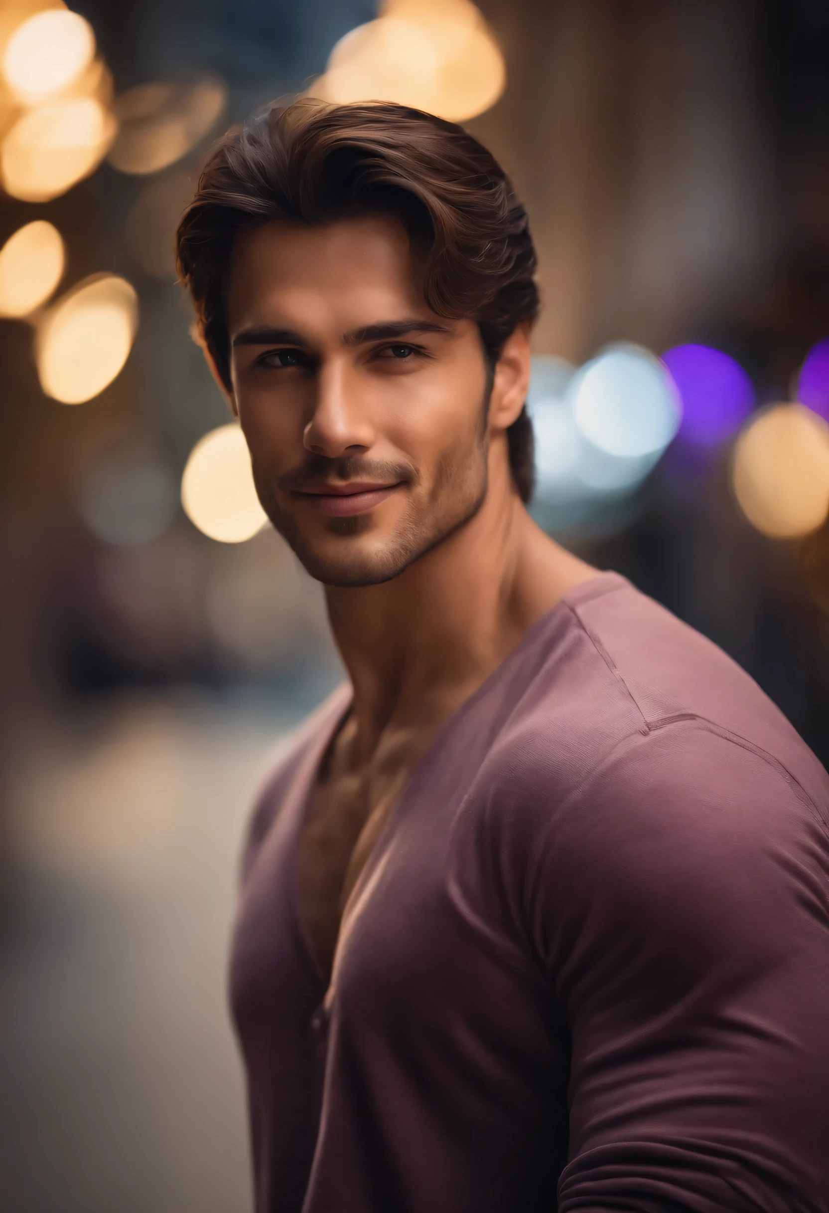 Man with attractive and smiling appearance, dark brown hair, stylish and elegant, T-shirt that hugs his body and is strong, Man who resembles actor Brad pit, (Realistic and high quality image), The background is a street with small light purple flower prizes on both sides, ((best quality, 8K, masterpiece).