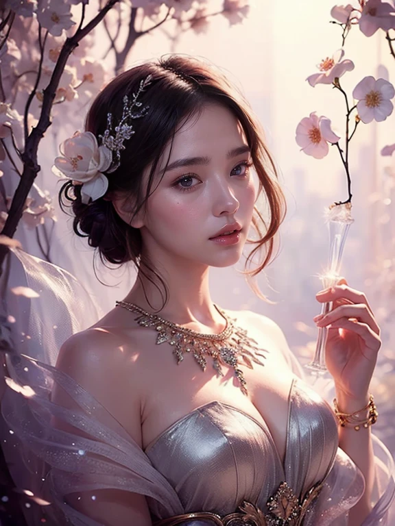 A breathtakingly realistic portrayal of a woman with ethereal beauty set against the backdrop of a divine and fantastical world, with an exquisitely detailed background that immerses the viewer in its enchanting atmosphere.
