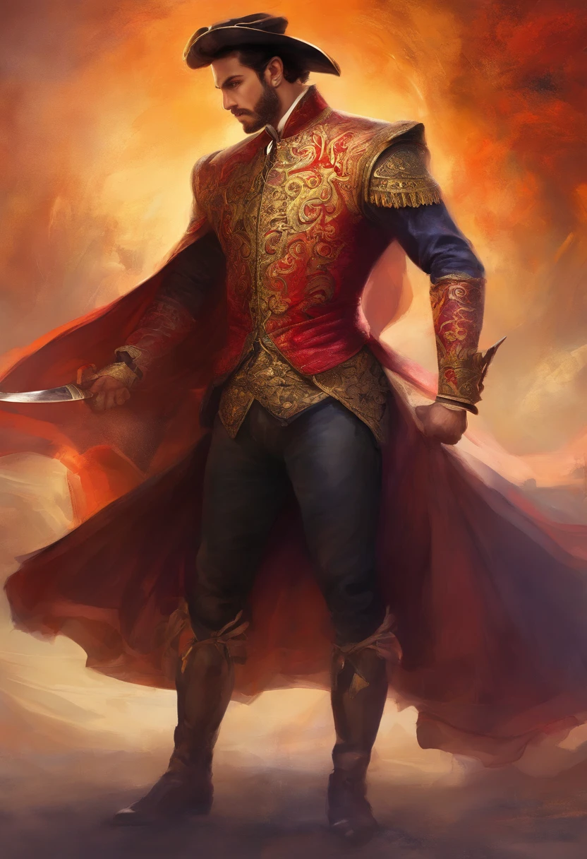 ((A Baroque painting of a beautiful bullfighter, with a masculine face and wild eyes, a hypnotic and sensual man, a true God, the most beautiful man in Spain)),((with typical bullfighter clothes with Spanish from the Victorian Era)), ((attractive man)), ((1 strong, macho bullfighter, looking at camera)),1 18 year old boy, , ((wild and challenging eyes)), ((lascivious full body)), ((beautiful, muscular legs )), ((beauty body,)), top quality、Official Art、great aesthetics:1.2)、best quality, ultra hd, 32k、(Fractal Art:1.3)、 Coloring、but high detailed ((masculine evil villain)), Masculine and strong, full body shot, looking at camera, ((fighting with a bull in an arena, in the bullring in Seville, Spain)) highly detailed