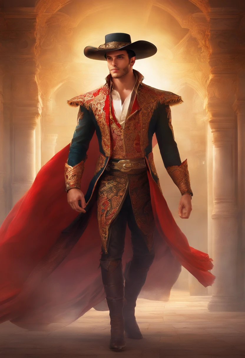 ((A Baroque painting of a beautiful bullfighter, with a masculine face and wild eyes, a hypnotic and sensual man, a true God, the most beautiful man in Spain)),((with typical bullfighter clothes with Spanish from the Victorian Era)), ((attractive man)), ((1 strong, macho bullfighter, looking at camera)),1 18 year old boy, , ((wild and challenging eyes)), ((lascivious full body)), ((beautiful, muscular legs )), ((beauty body,)), top quality、Official Art、great aesthetics:1.2)、best quality, ultra hd, 32k、(Fractal Art:1.3)、 Coloring、but high detailed　((masculine evil villain)), Masculine and strong,　full body shot, looking at camera, ((fighting with a bull in an arena, in the bullring in Seville, Spain)) highly detailed
