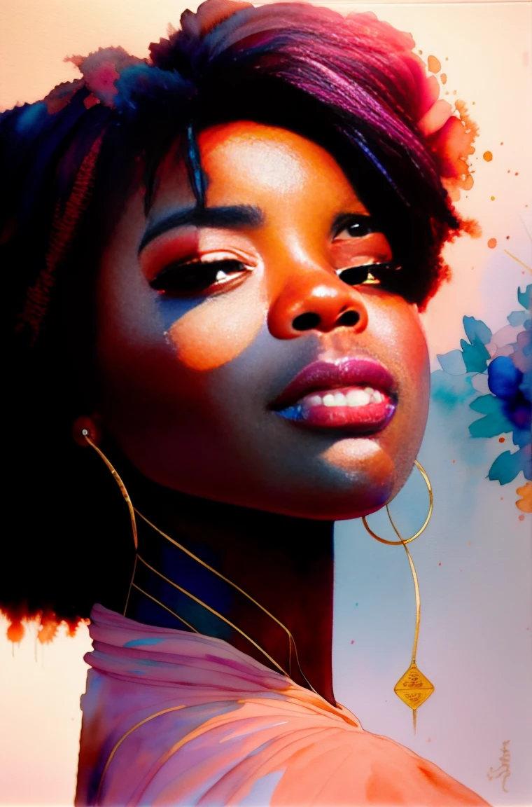 WTRcolor-Stil, (Rose) digitale Kunst, offizielle Kunst, vom Wind verweht, Meisterwerk, Nice, ((Aquarell)), Farbspritzer, kompliziertes Detail. great detail, [tropft:0.7], Trend auf artstation, Rachel Walker, black woman, negro