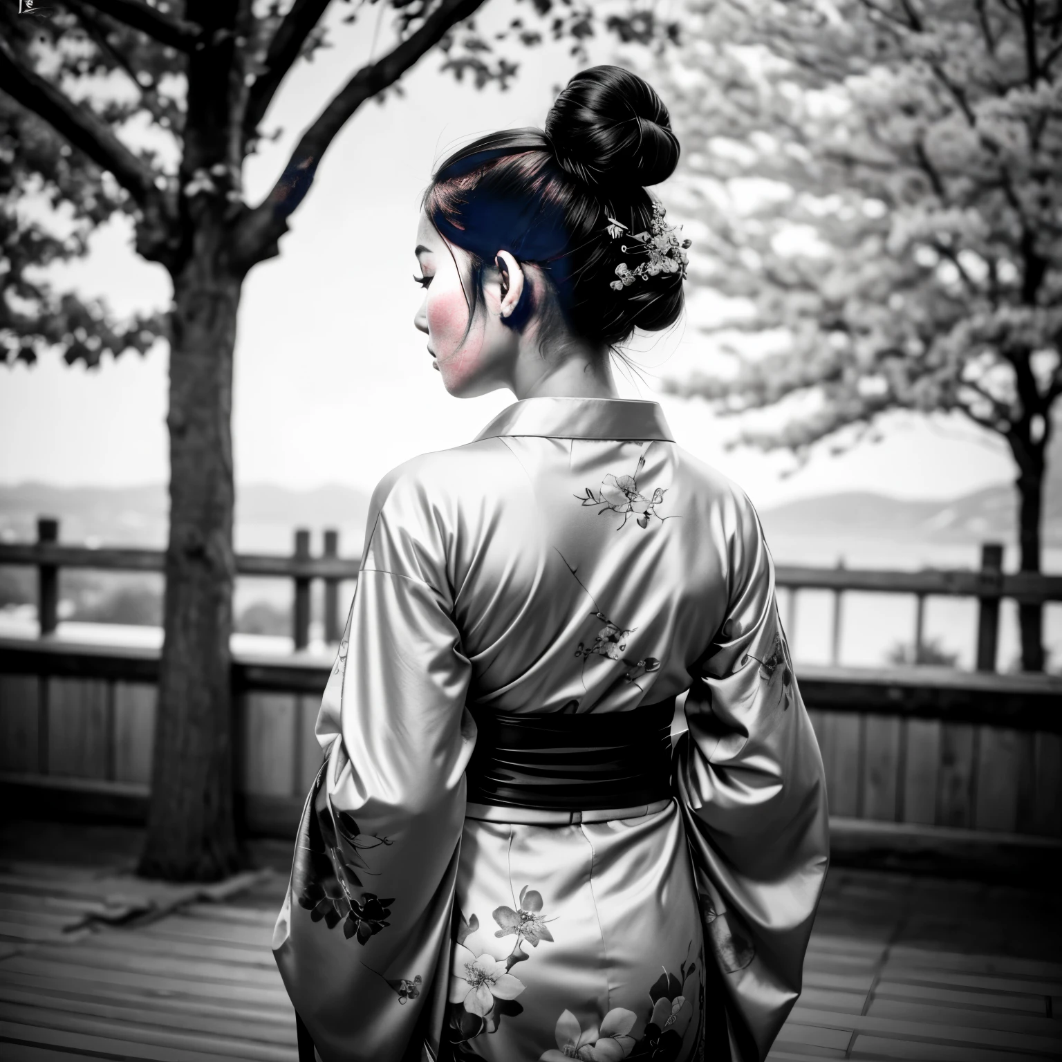1 geisha of 20 years old showing her back, wearing kimono, top bun black hair, fair skin, cherry blossom on hair, tranquil countryside, perfect composition, 8 k artistic photography, arte conceitual fotorrealista, Chiaroscuro, noir, monochrome, grayscale, cinematic movie photograph, Nikon D3100 | ISO 450 Certification | focal length 70 mm (Sigma 50mm f1 | | | | | | |.5) | abertura f/4 | exposure time 1/ (Dri)