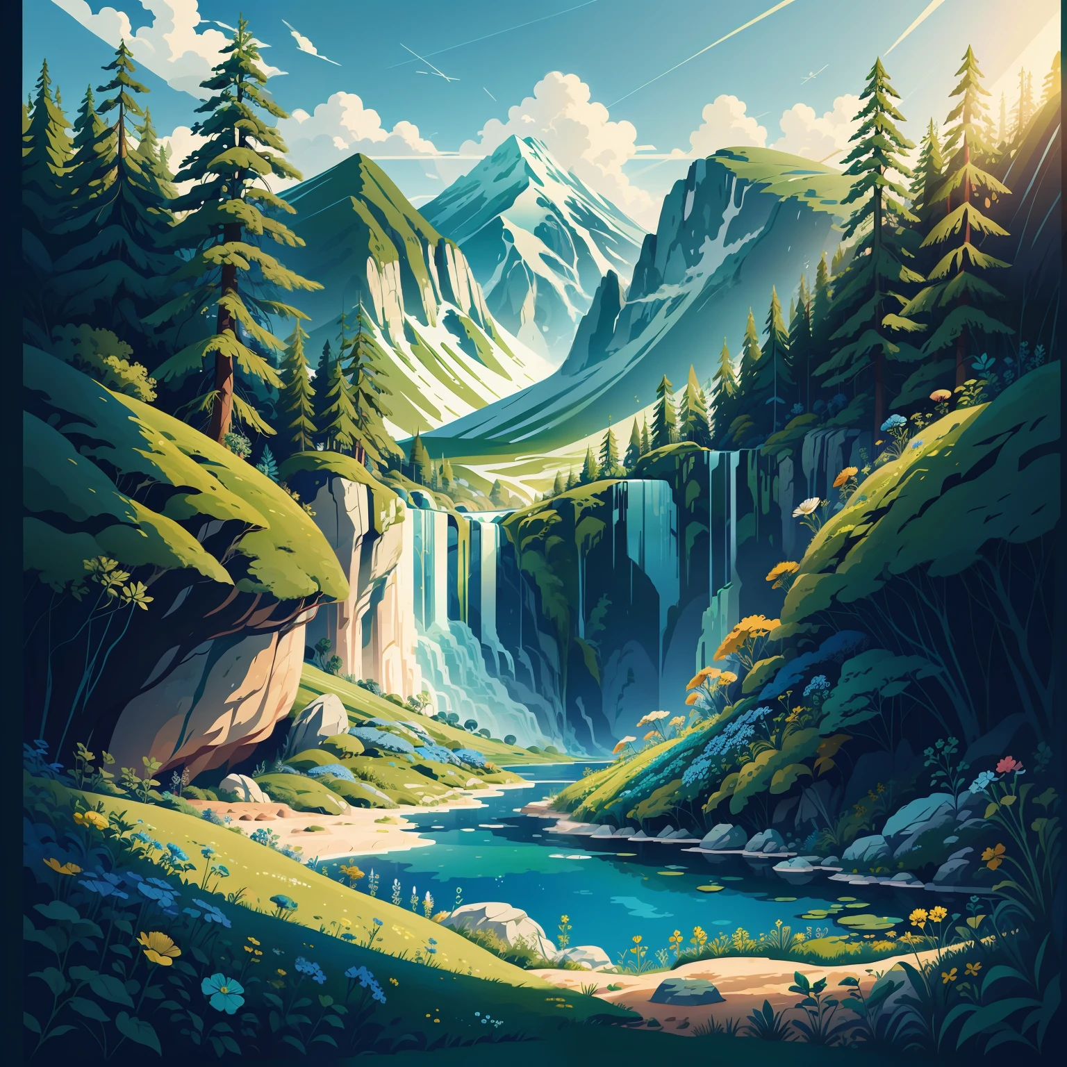 earth day poster, flat illustration beautiful natural landscape blue, green, yellow,  background, bright colors, chiaroscuro, Ultra high definition, 4k, flat illustration vector art sharp focus (gigapixel)  ((masterpiece)) many wild flowers in spring
