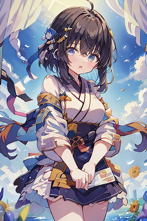 The composition of fictional characters, Dressed in young blue flowers, surrounded by sunflowers, The protagonist, with his eyes open, his hair blown by the wind, and the sun heals, close-up monochrome painting, cute, dreamy, oil painting style, acrylic paint,, Japanese, interesting concept,nude, interesting drawing - ar 3:4 -s 20 -niji 5  