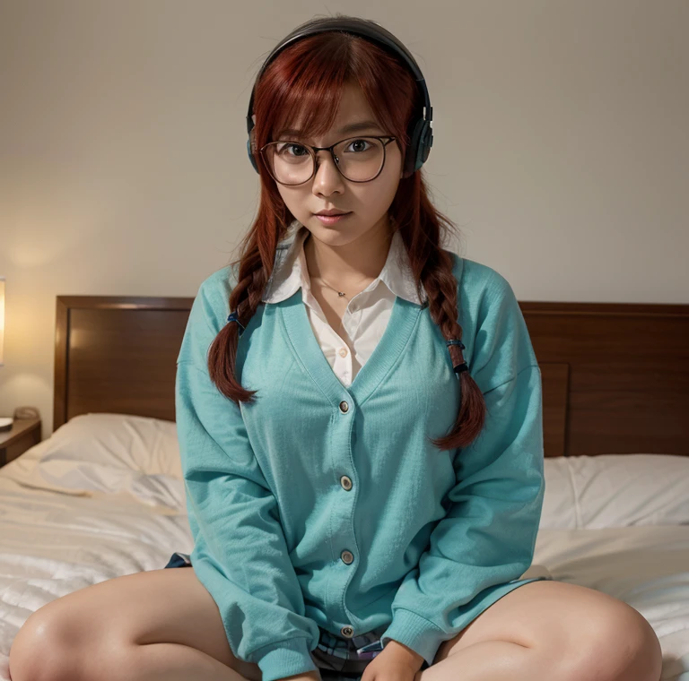 Korean Asian woman wearing glasses,neckband gaming headphones,sitting on the bed, have glasses, Korean girl, แว่นตาthick, Age is 18 years., 22 years old, thick, 21 years old, beautiful Asian girl, Asian girl, เด็กสาวและcute, have glasses on, phenomenon, cute, big glass, สาวแมวcuteมาก...,Japanese school uniform,braid,red hair