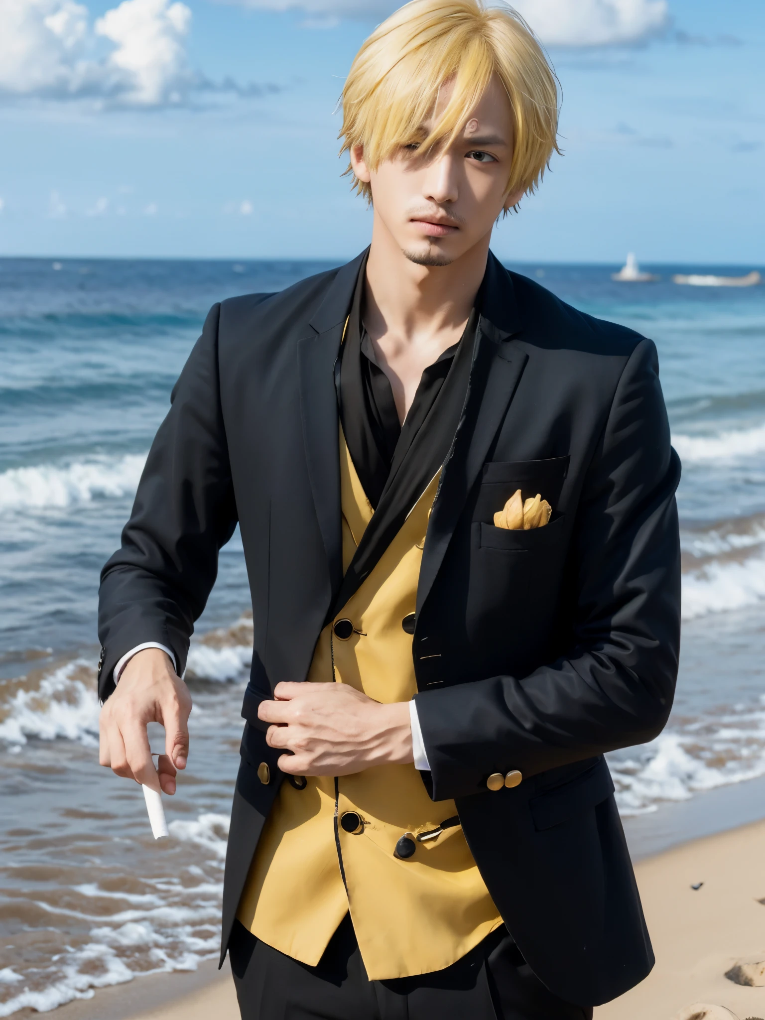 1man, sanji in anime one piece, short hair , yellow hair, black eyes, handsome, black suit, smoking a cigarette,realistic clothes, detail clothes, background beach, ultra detail, realistic