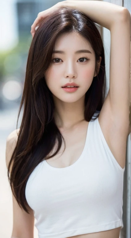 (1 sexy Korean star) shoulder length hair, light makeup, big chest size, wearing a tank top, clear facial features, 8K high resolution, edgy, realistic details.from outside, Eye level shooting, f/4.0, 135mm, Fujifilm, jpeg artifacts, Dithering, UHD, smooth leg line, sexy legs, masterpiece, whole body, upper body, correct posture, Future-proof, Facing Forward