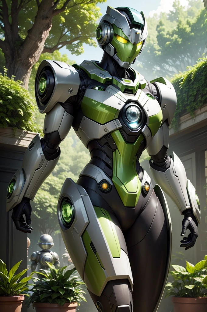 The image features a green and silver robot standing in the midst of a garden lush with greenery. This robot has a robust build and is decorated with prominent yellow eyes. It is at the center of the scene, suggesting a sense of prominence. Surrounding the robot are various plants, steel pipes, and sphere-like silver objects which contribute to the feeling of being in a forest of green plants. Additionally, there is a mention of sunlight and buildings in the background, which gives the image a vibrant and lively atmosphere.