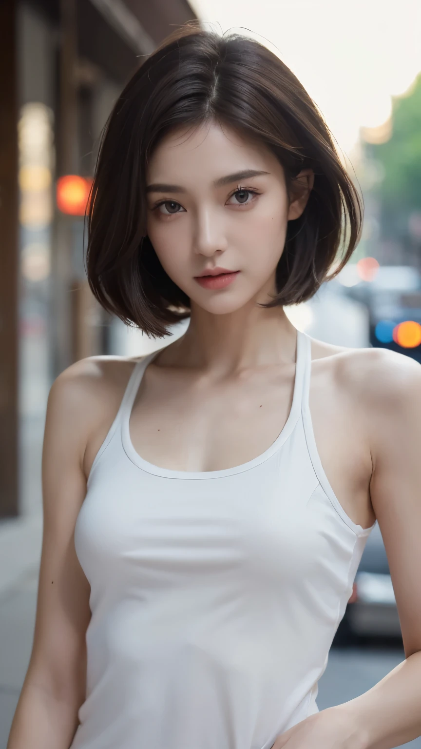 ((best quality, 8K, masterpiece :1.3)), whole body, sharp focus: 1.2, perfect body beautiful: 1.4, slim abs: 1.2, ((dark brown hair, : 1.2)), Tank Top Dress: 1.1, (street: 1.1), Highly detailed facial and skin textures, delicate eyes, double eyelids